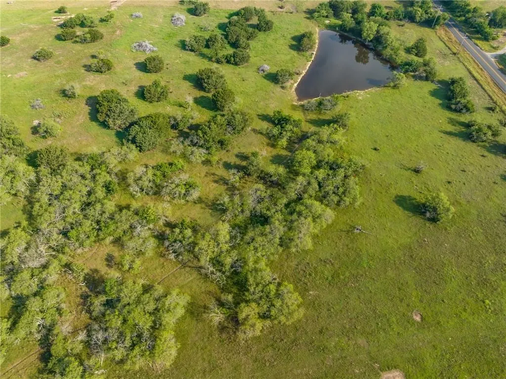Expansive green acreage featuring a natural pond, scattered trees, and roadside access