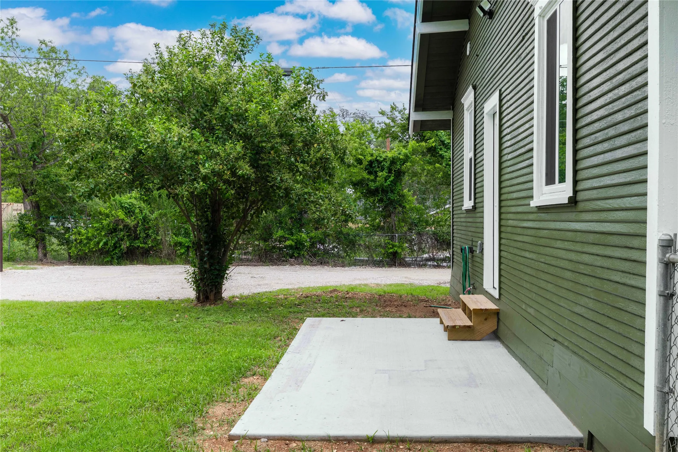 Side view of parking and back patio