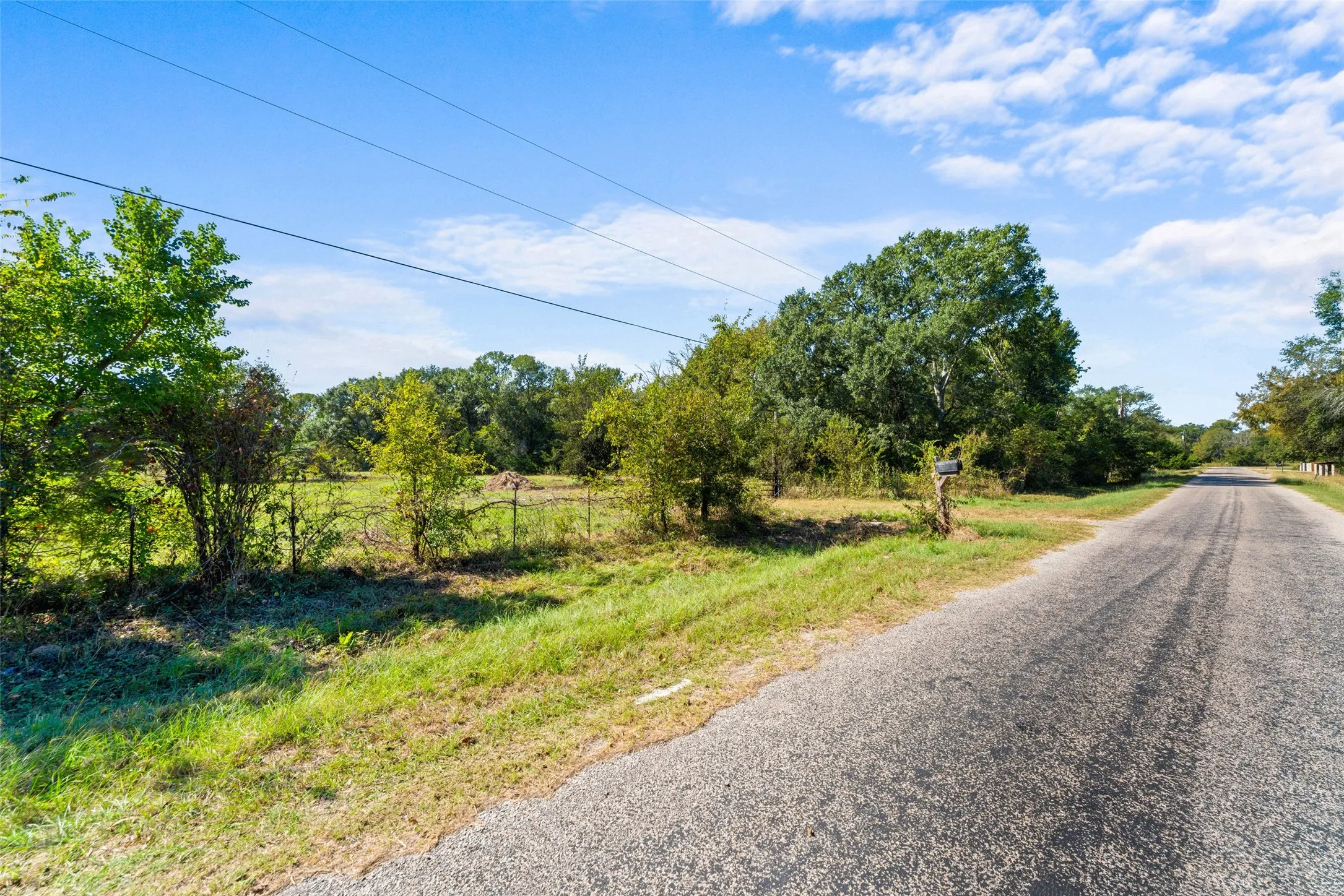 Roadside property featuring a paved road, green grass, mature trees, and a wire fence