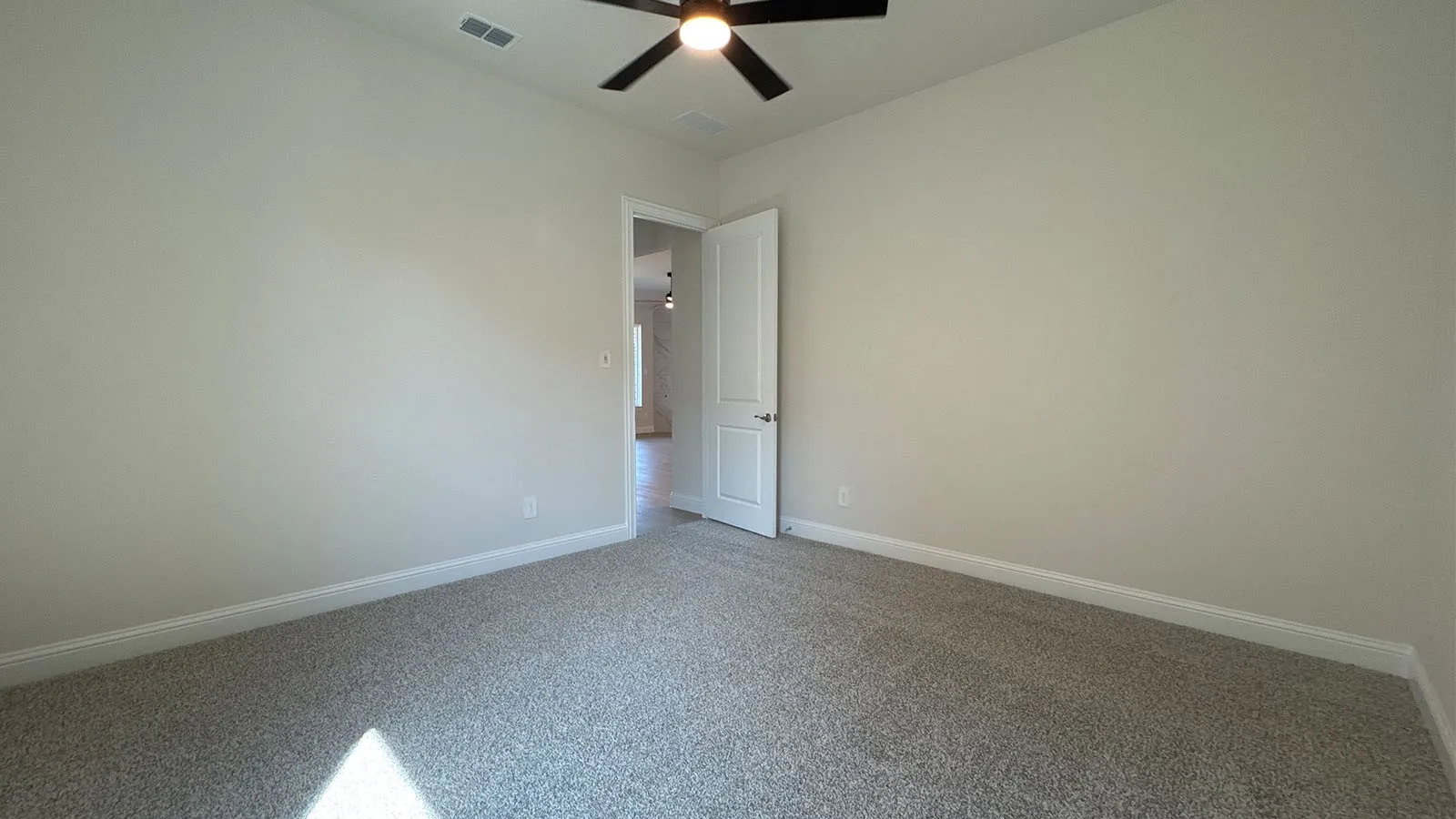 Recessed lighting, ceiling fan with light fixture, light-toned wall paint, white trim, and carpeted flooring