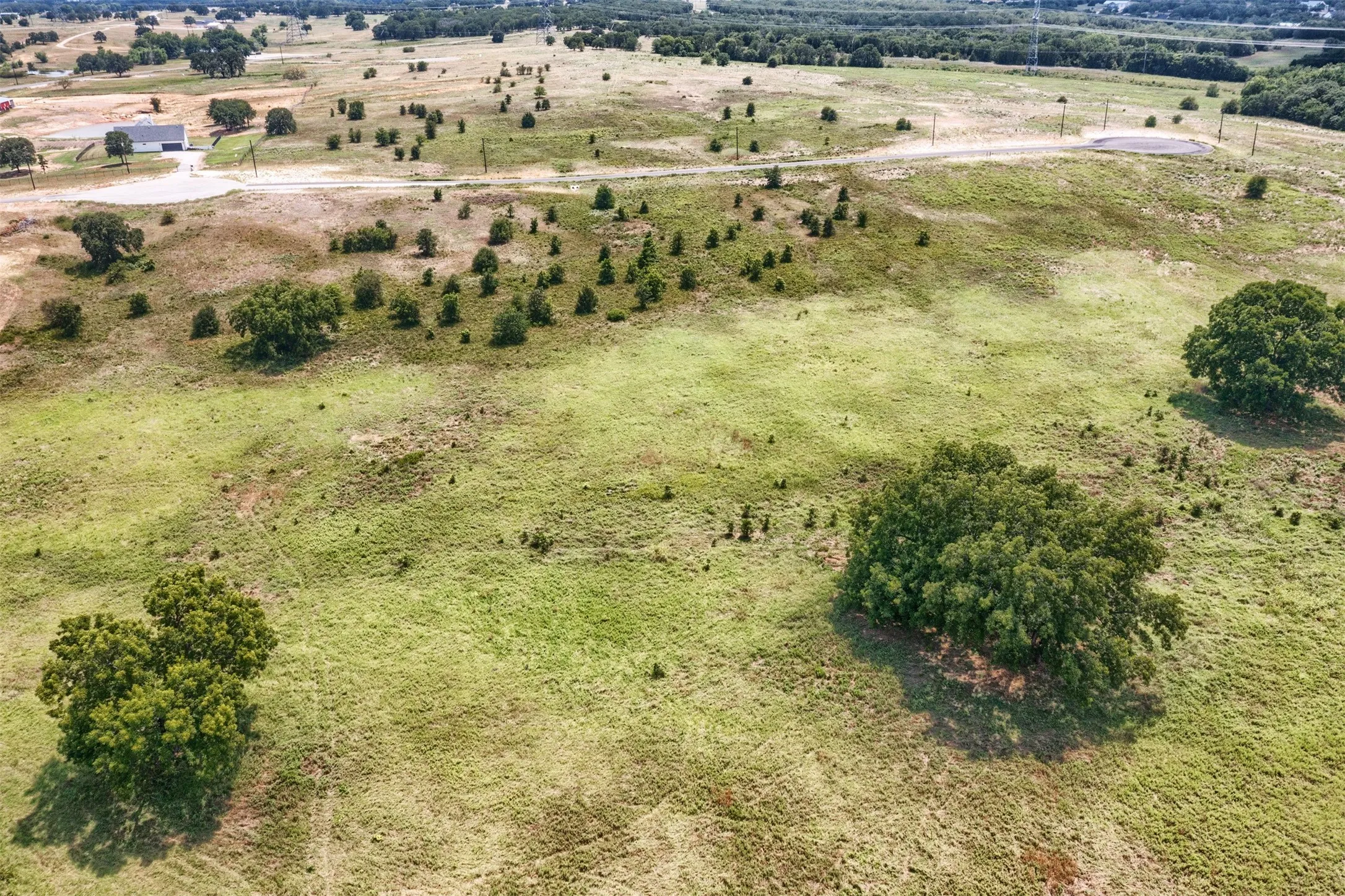 Expansive green landscape featuring varied topography, scattered mature trees, and a distant building structure