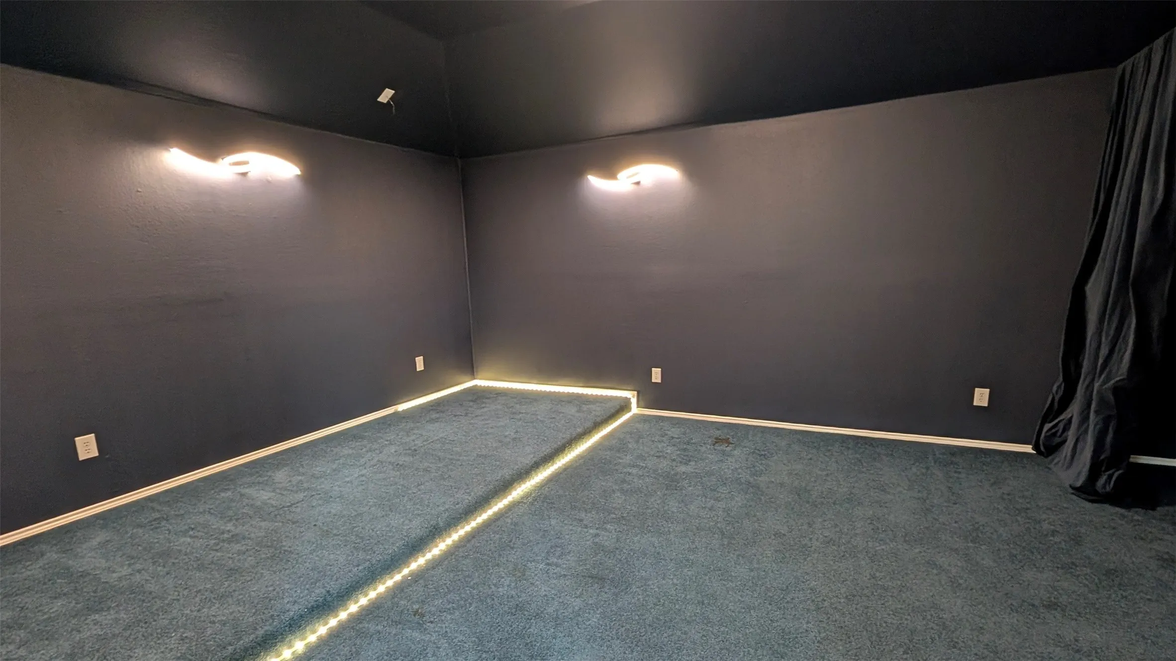 Dark-painted room featuring blue carpeted flooring and white baseboards