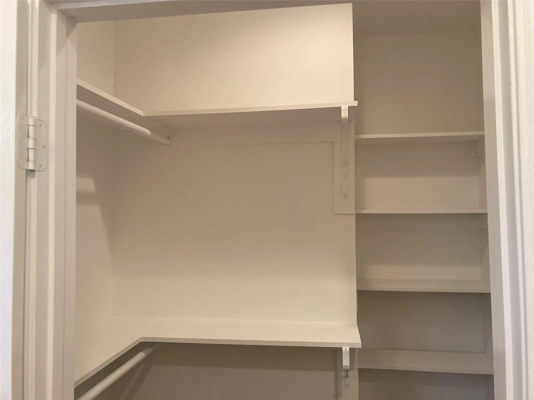 Primary walk in closet has plenty of shelf and hanging space.