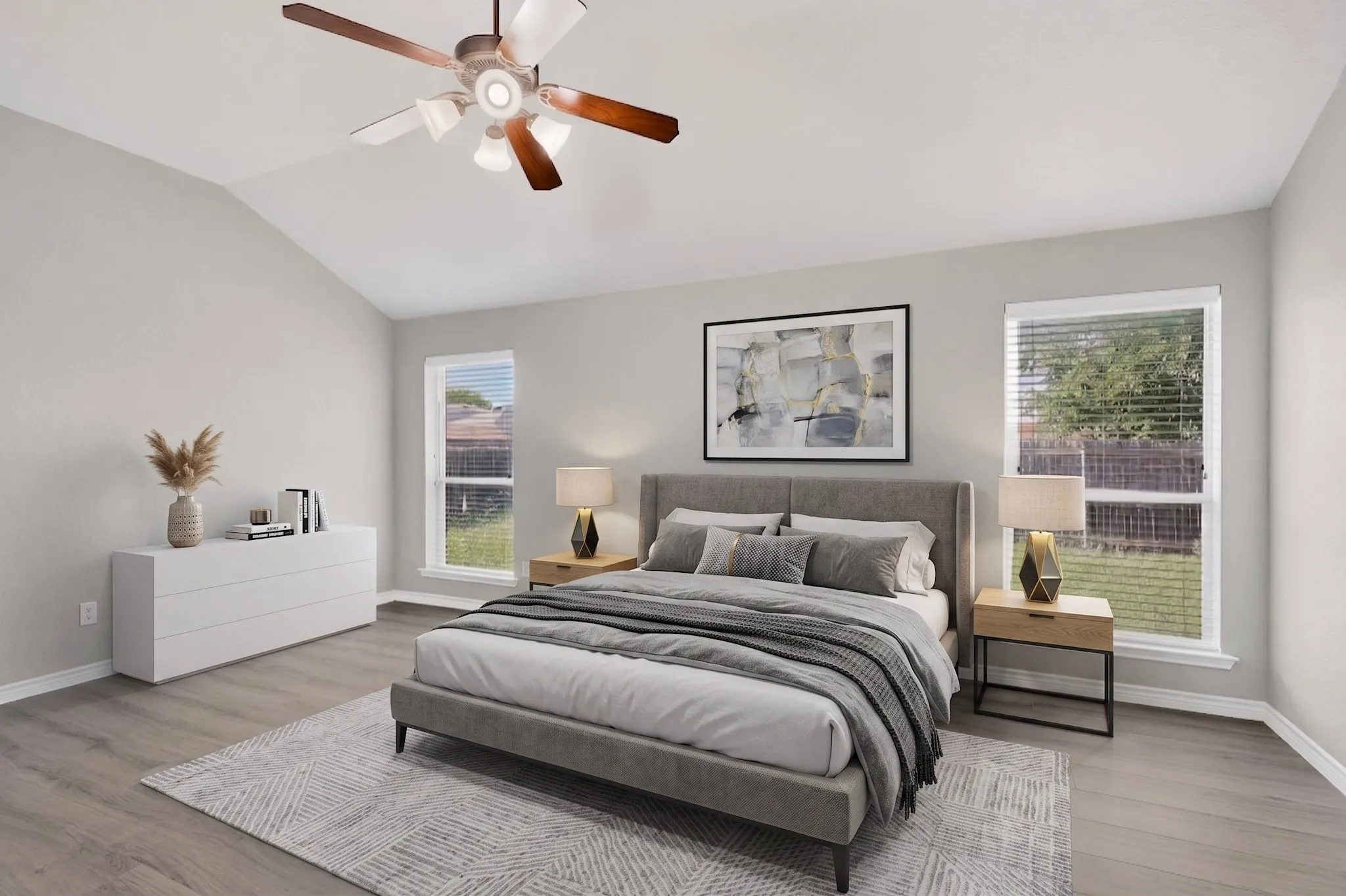 Staged to Show off the Large Primary Bedroom
