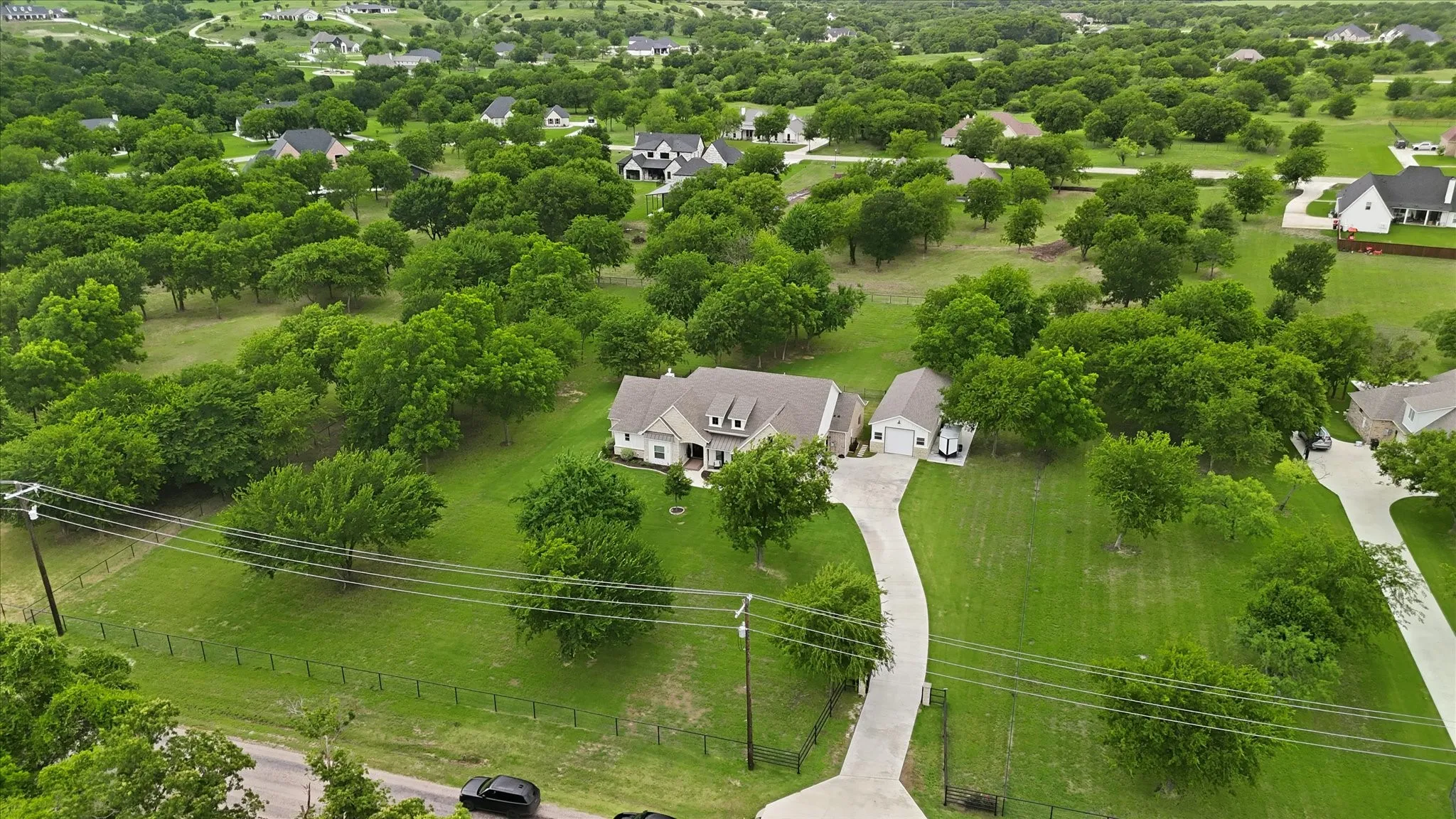 Residential property situated on a verdant landscape with mature trees