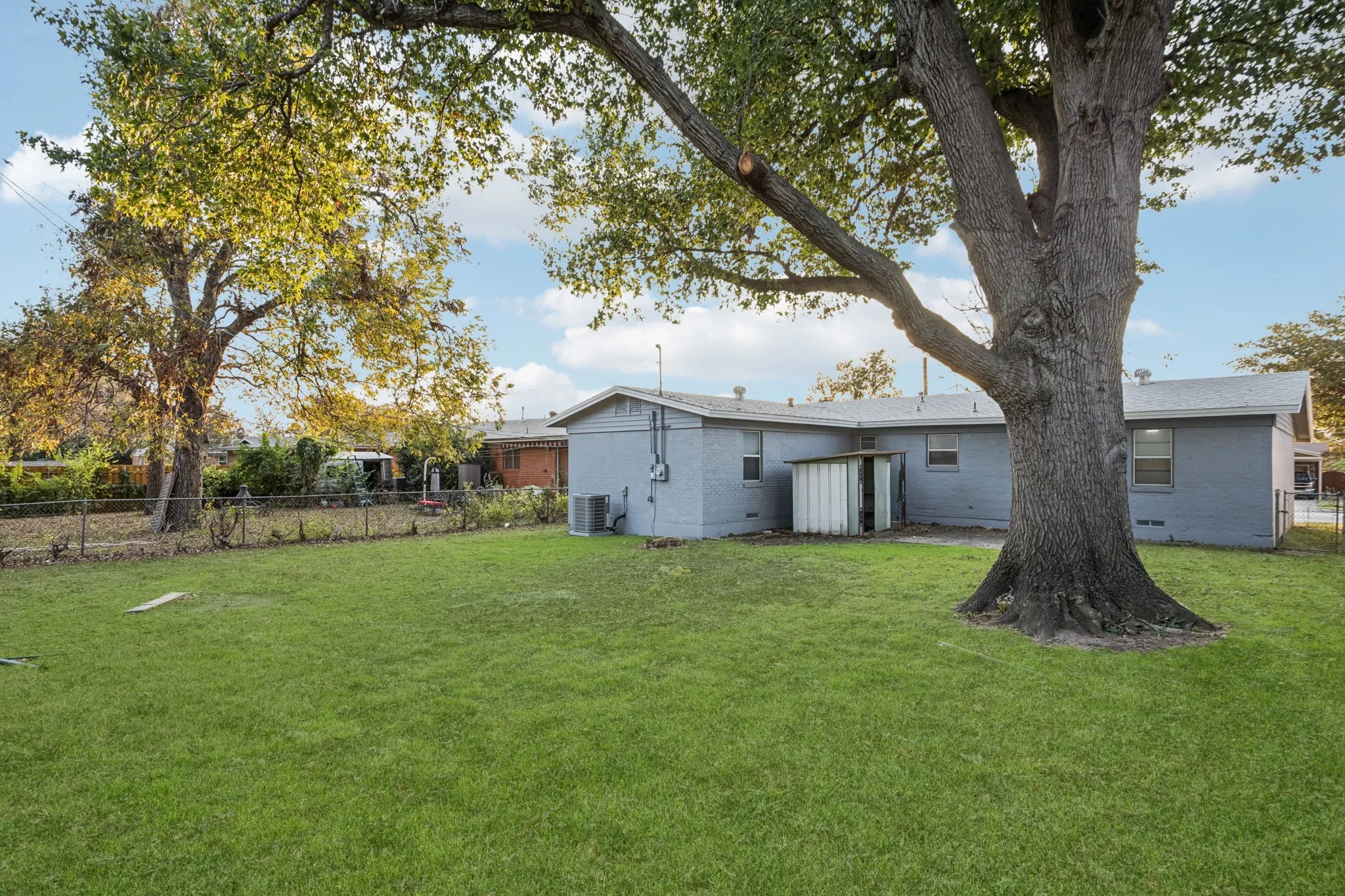 Large backyard with a storage shed