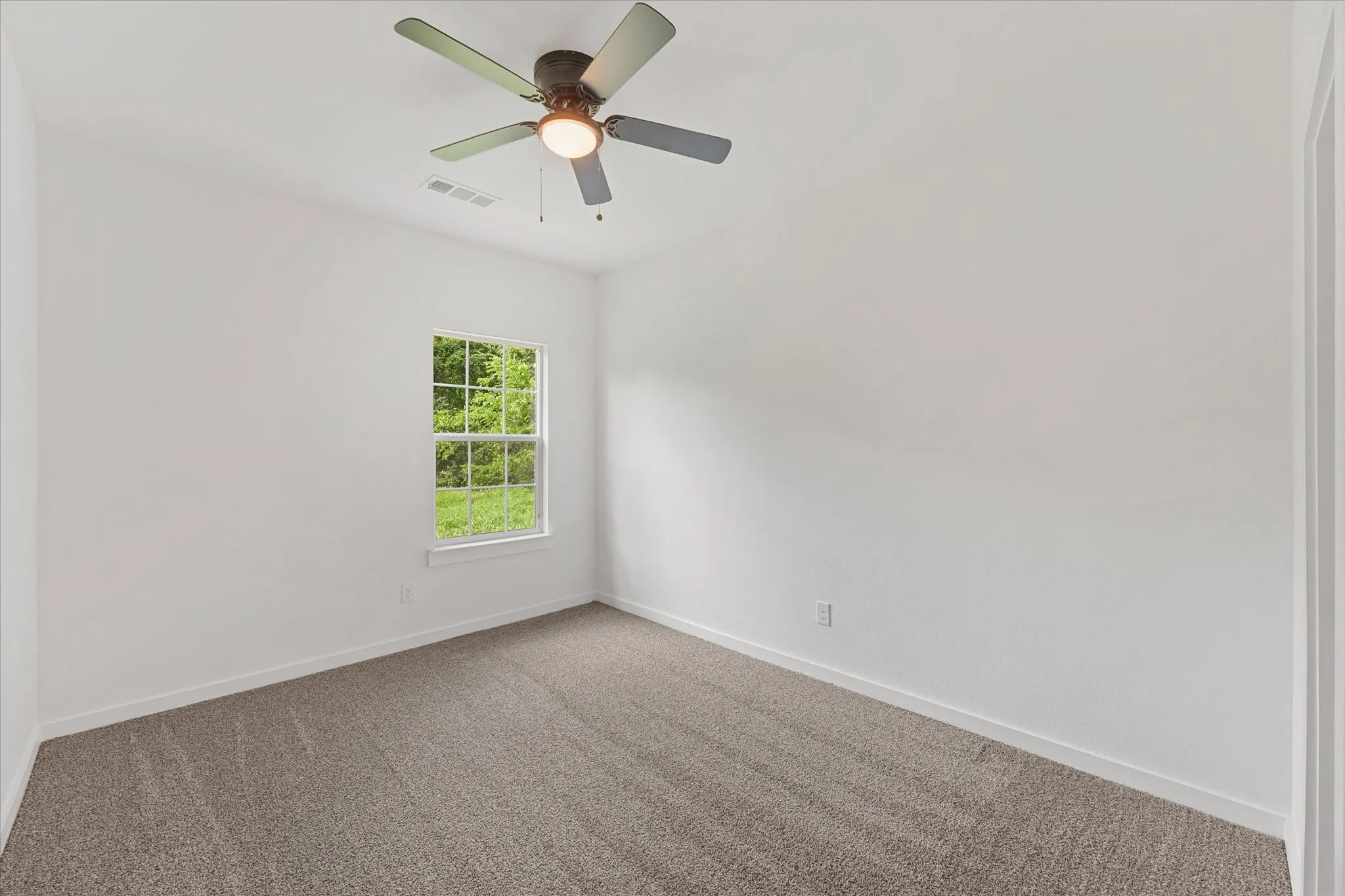 Neutral wall paint with textured carpet flooring