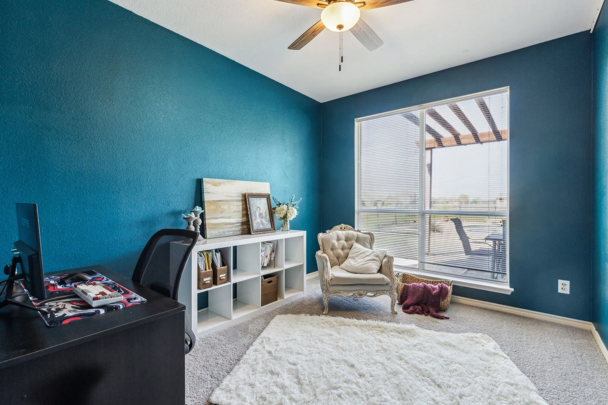 Large office with views of pool.