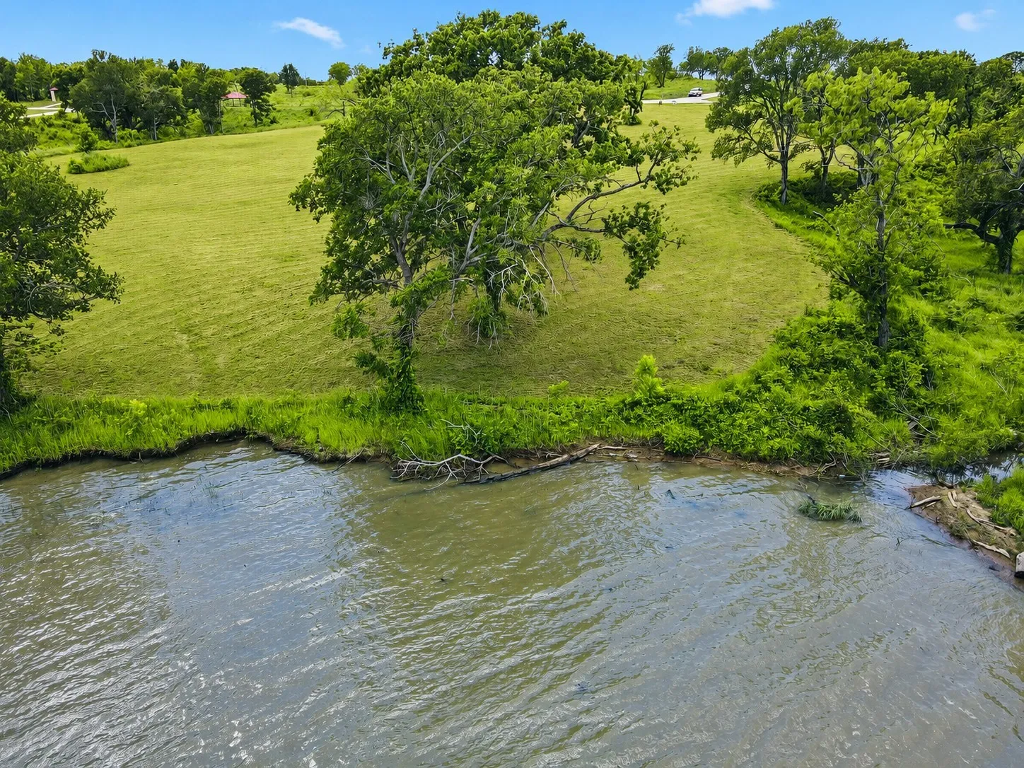 Spacious waterfront homesite with open build area, mature trees, and natural shoreline on Richland Chambers Lake.