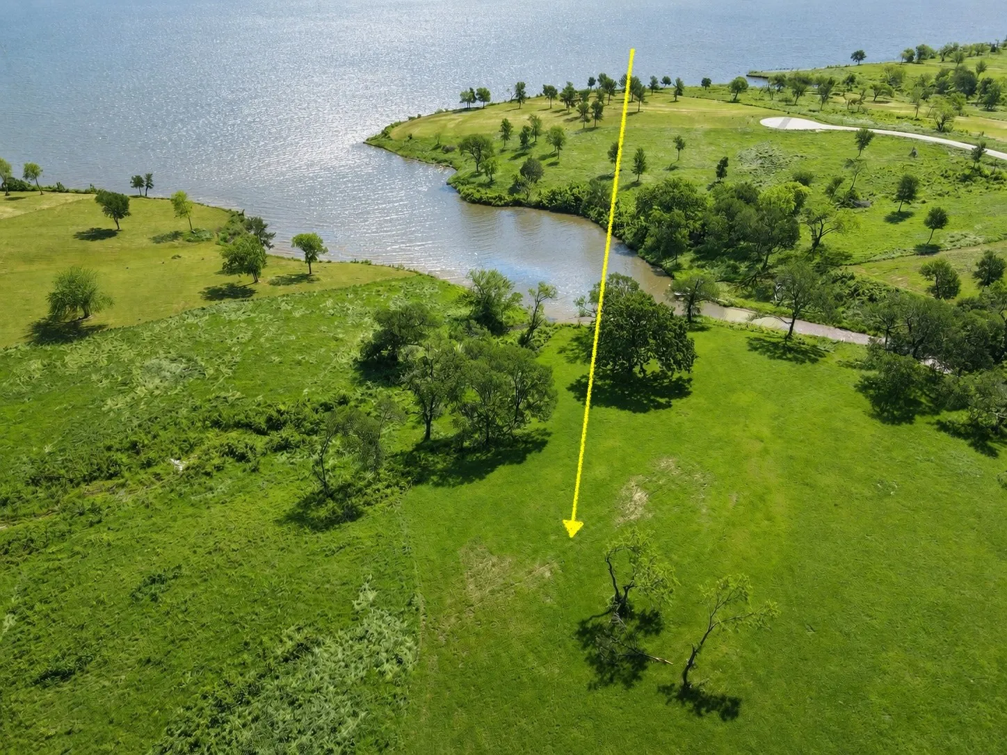Aerial view shows the lakefront boundary and natural shoreline of Lot 53 in Richland Park.