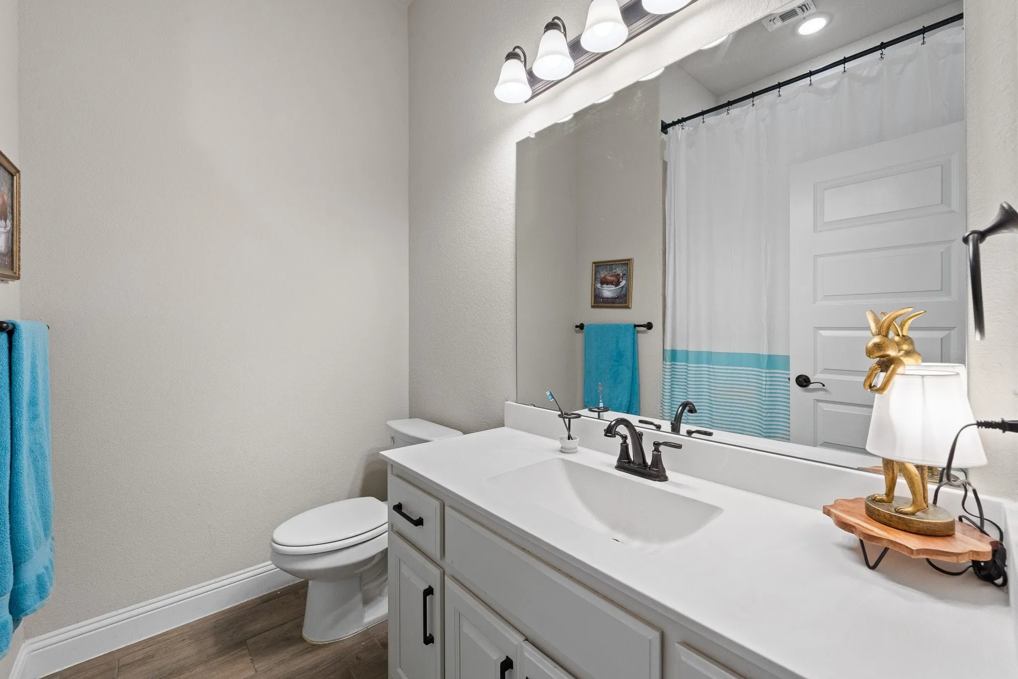 Bathroom featuring wood-finish flooring, a white vanity with integrated sink, dark bronze-finish fixtures, and a frameless mirror