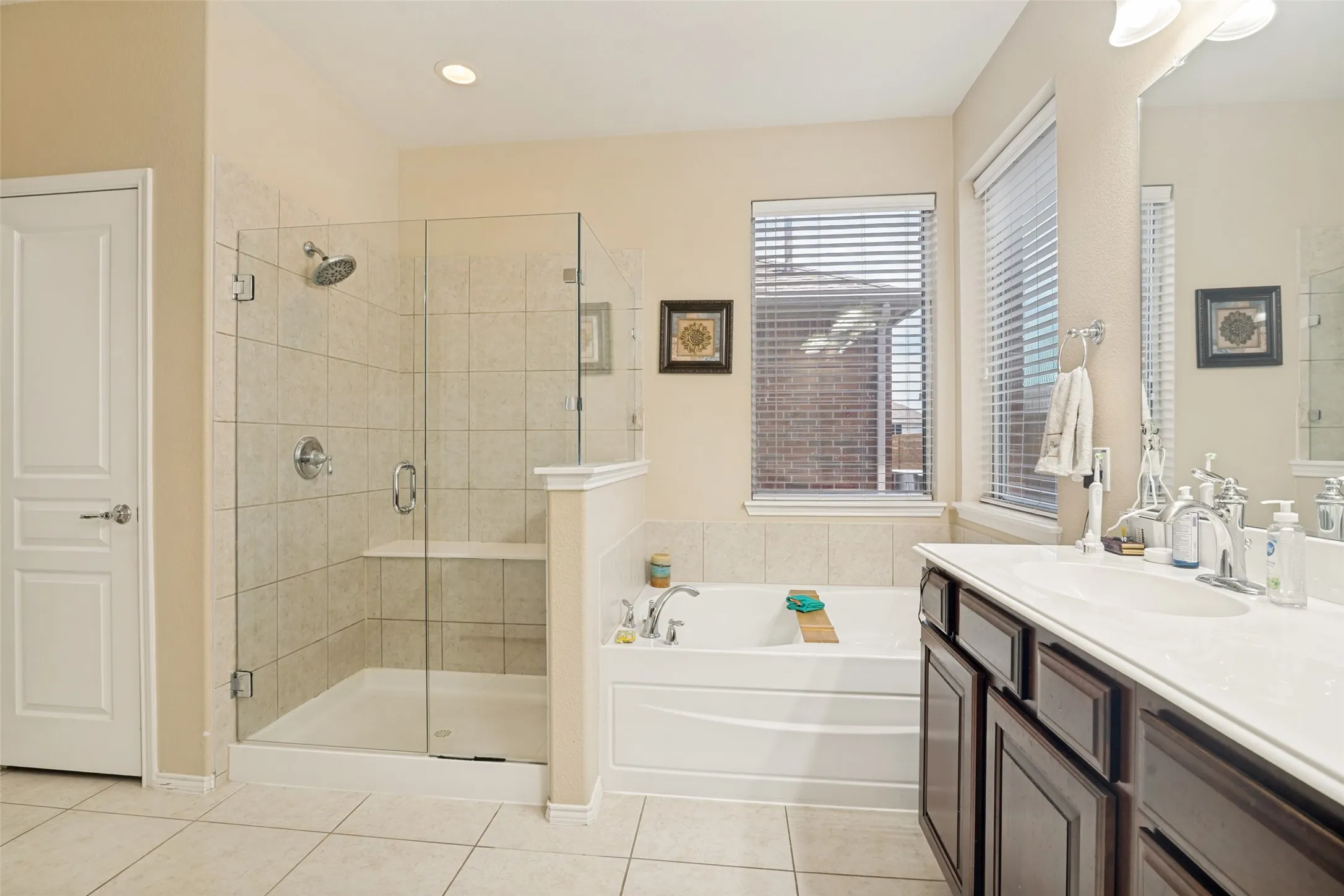 Master bathroom with separate showing and tub.