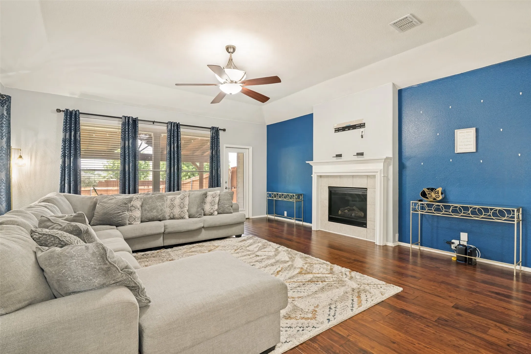 HUGE family room with fireplace.