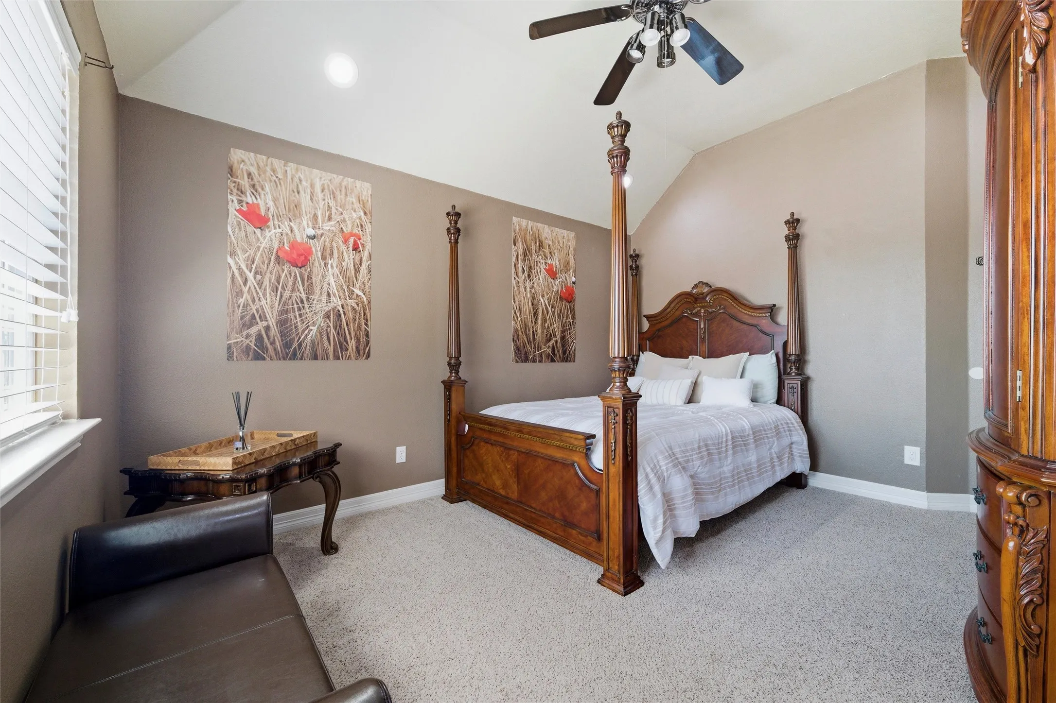 Bedroom 4 with vaulted ceiling, large closet, ceiling fan, and and recessed lighting.