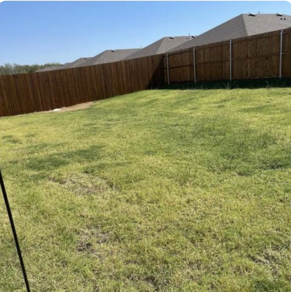 Expansive grassy yard area with a tall privacy fence and visible neighboring rooflines
