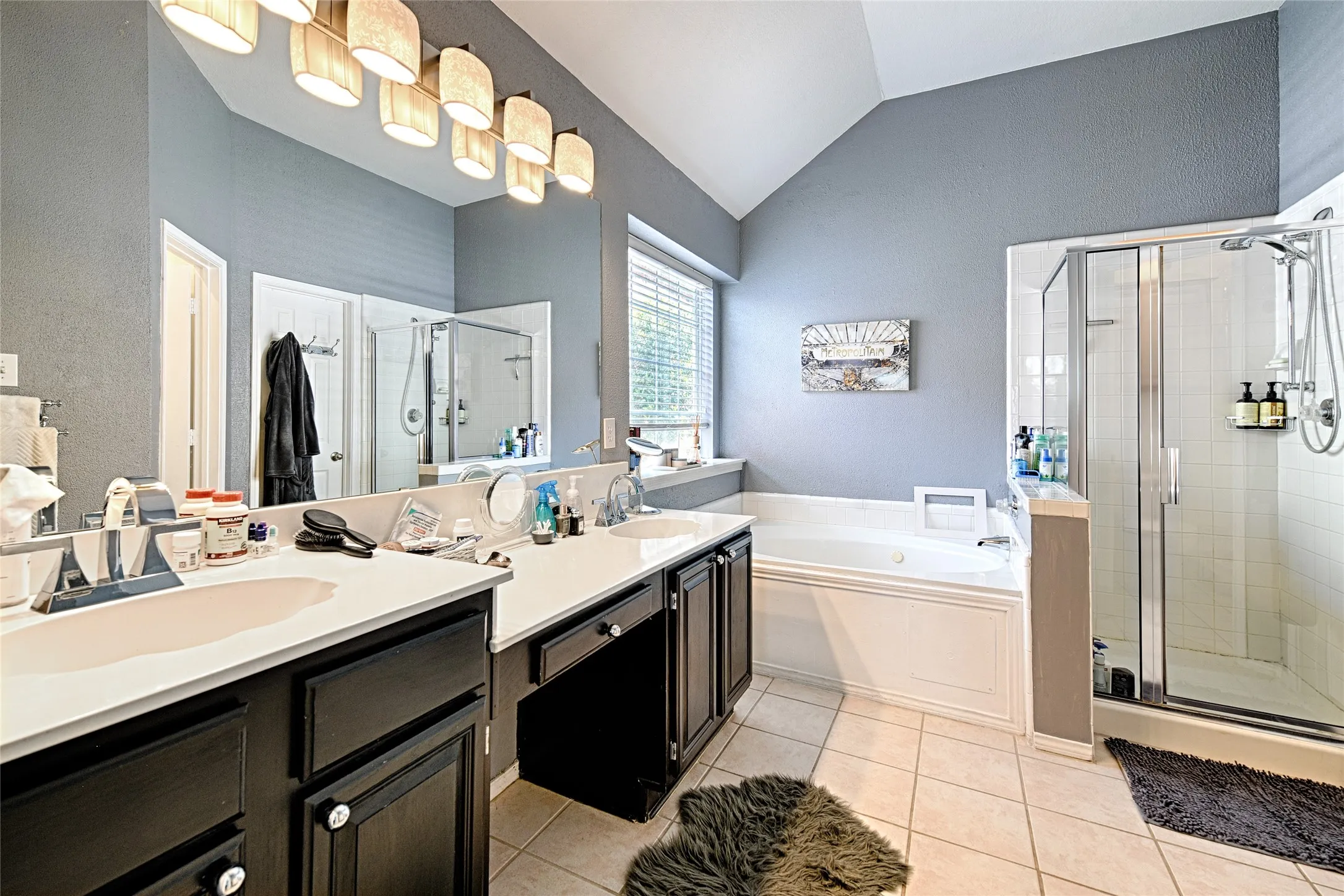 Spacious bathroom featuring a dual vanity with dark cabinetry and light countertops