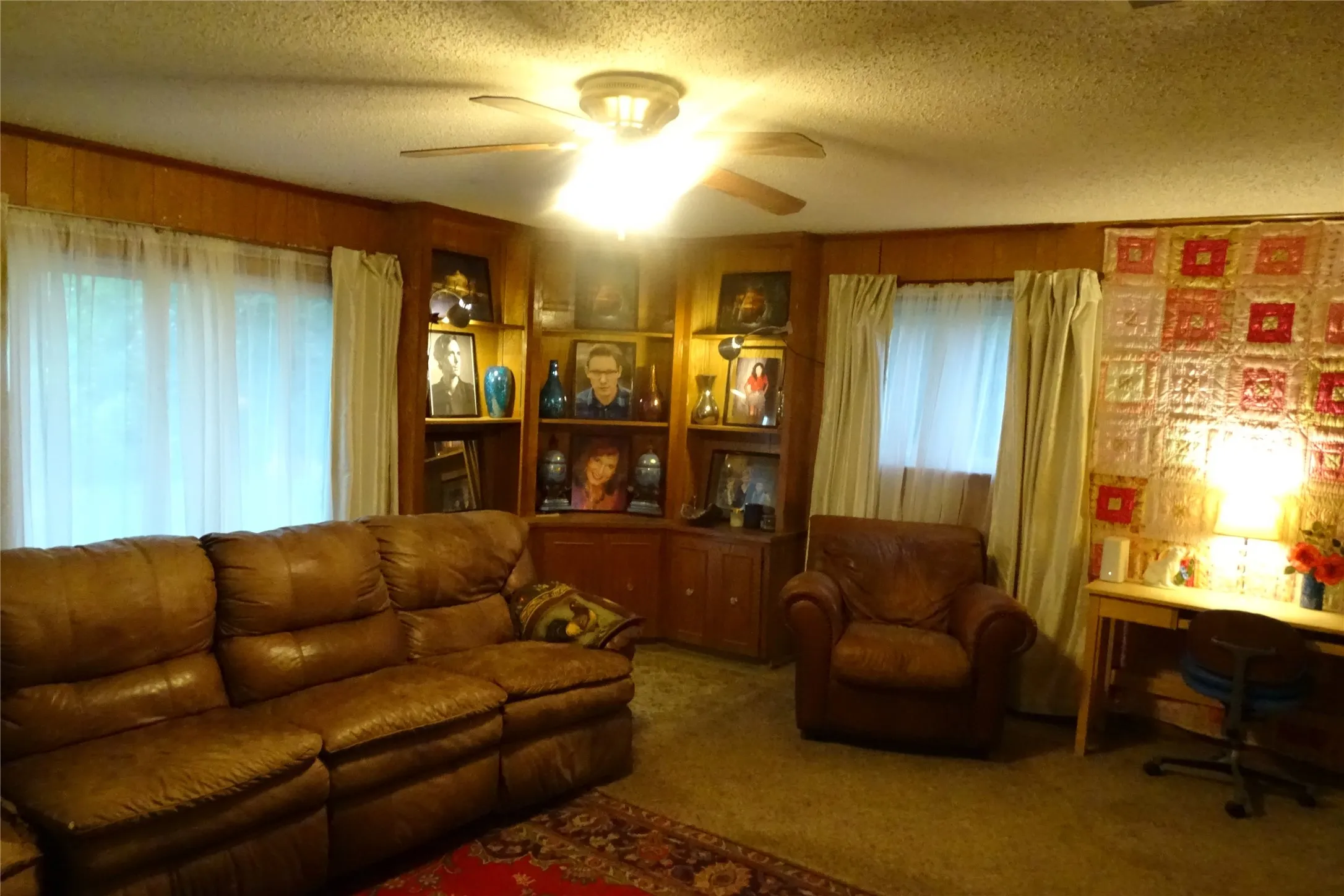 Carpeted living area featuring wood-paneled walls and a corner built-in cabinet with open shelving