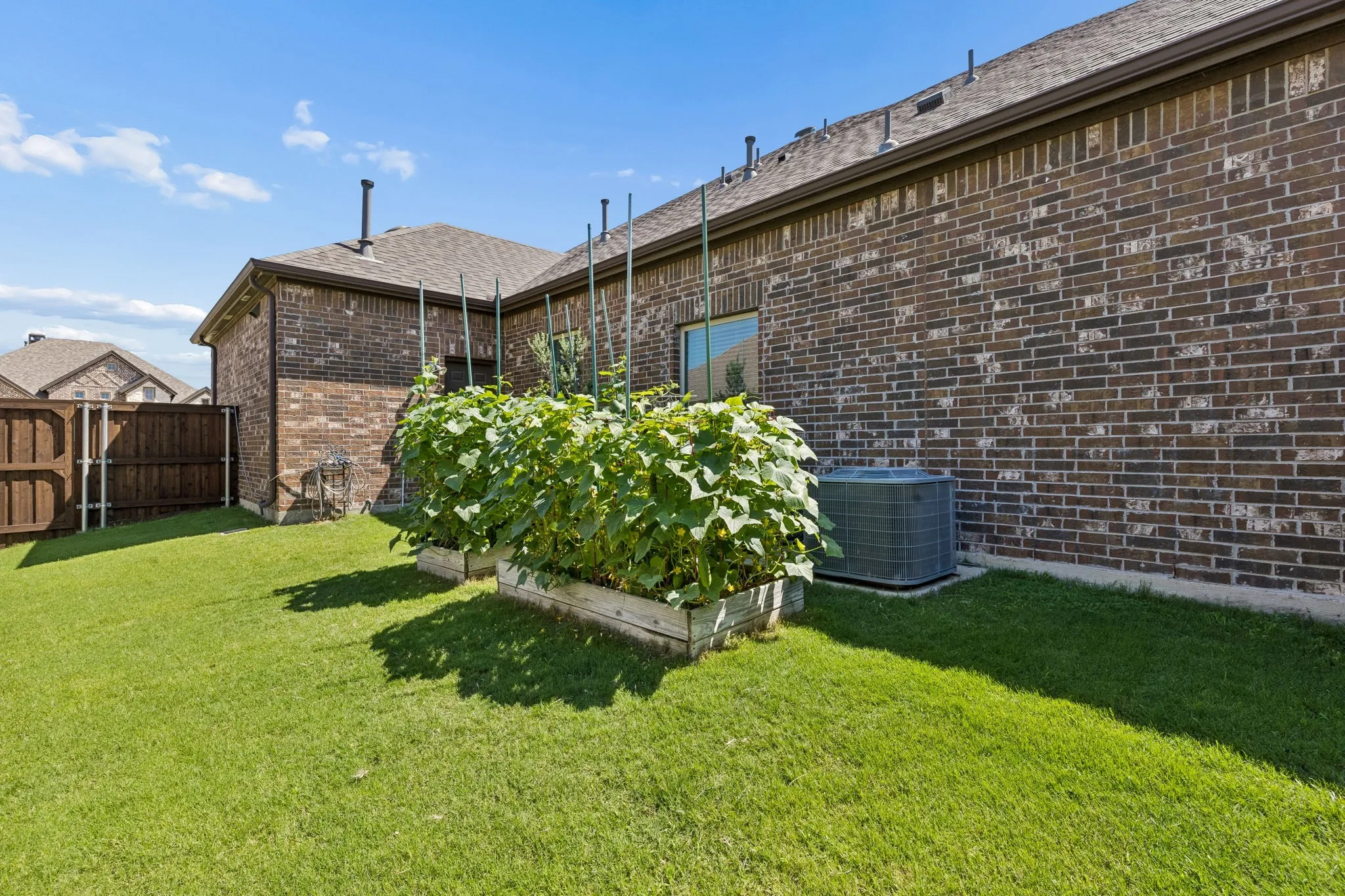 This is a separately fenced in area that has two raised vegetable gardens with the tastiest cucumbers growing currently!