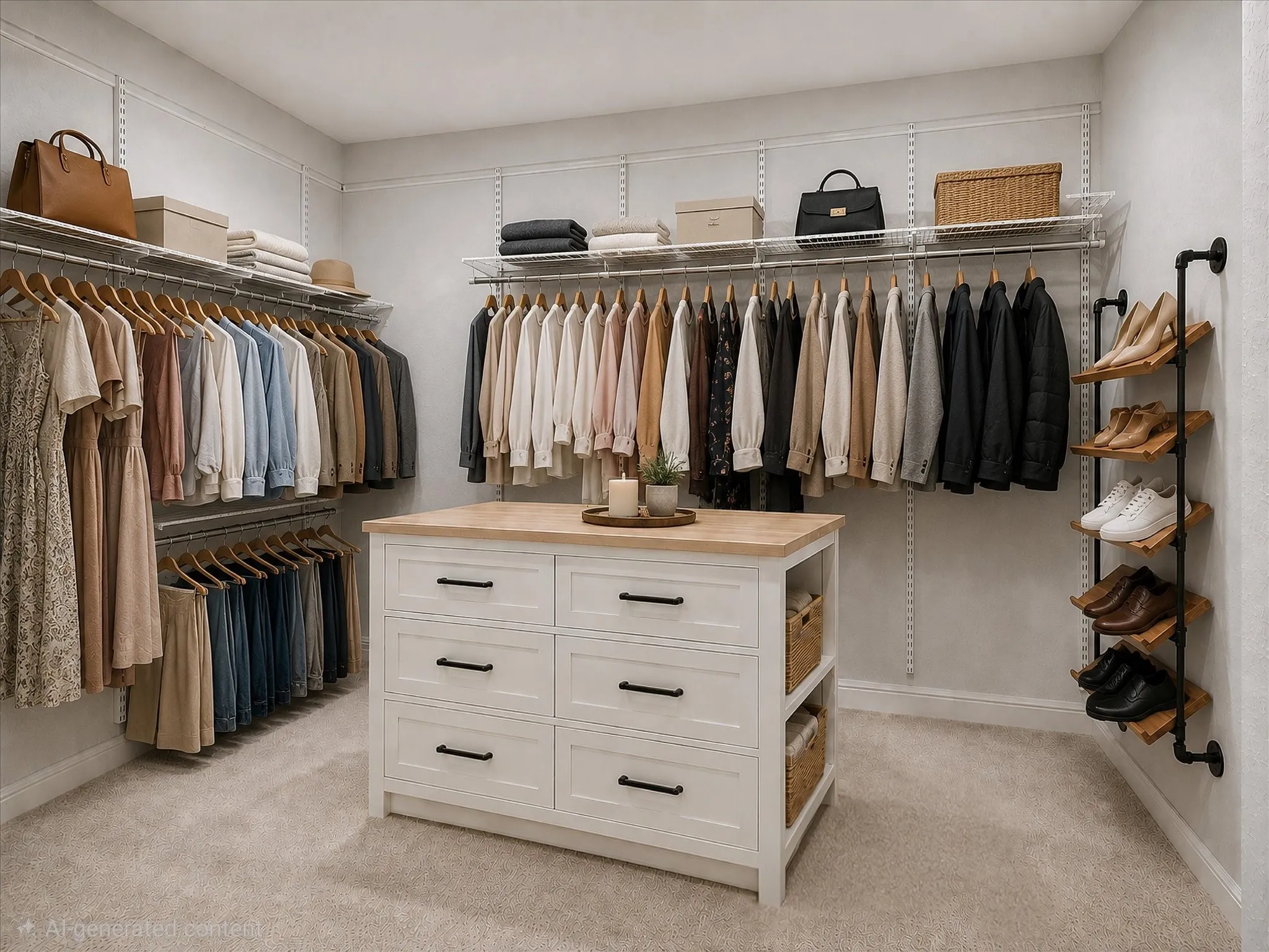 Spacious walk-in closet featuring a central dresser island with a wood-finish countertop, ample built-in shelving, multiple hanging rods, and integrated shoe storage