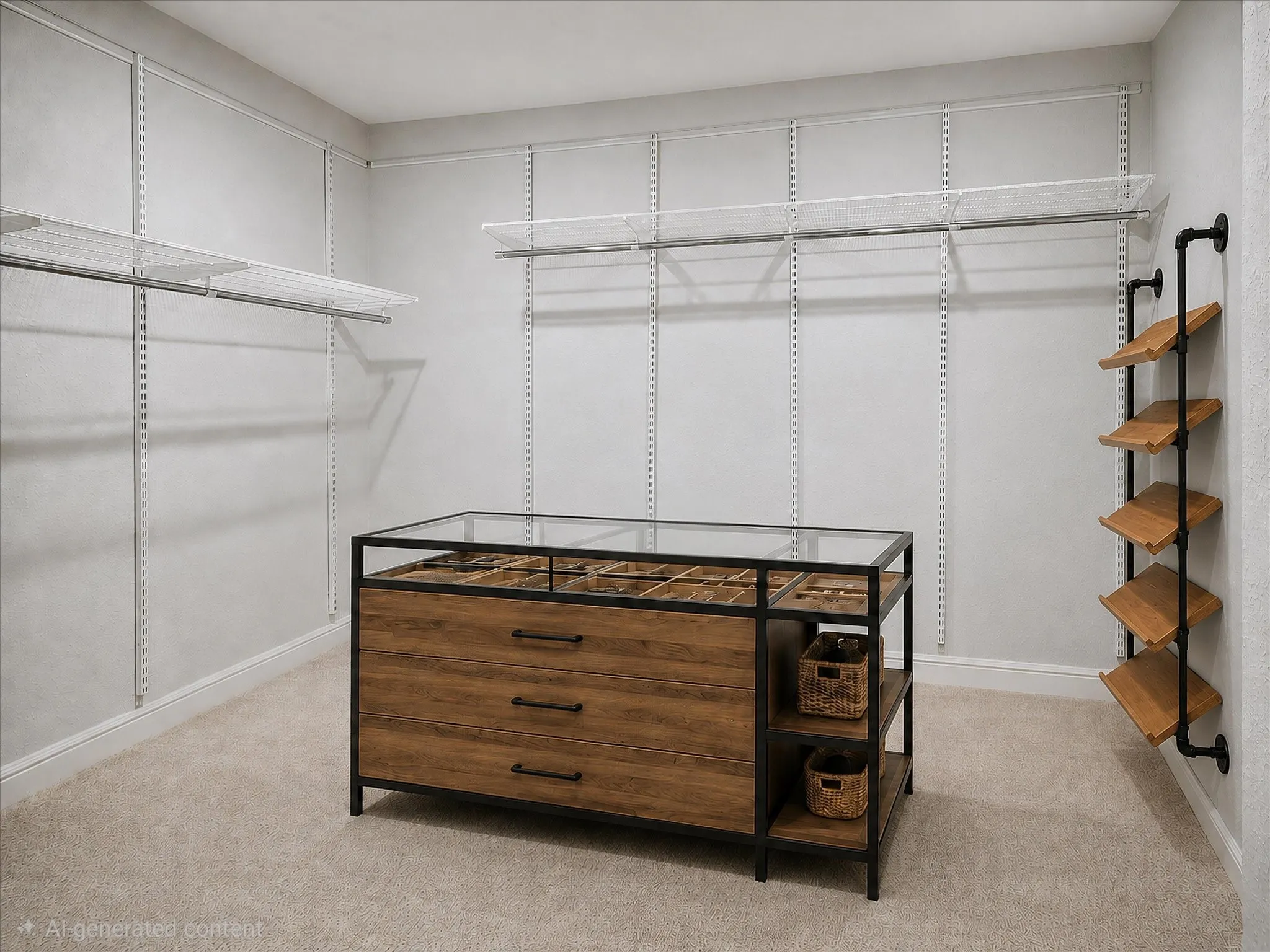 Custom closet organization system featuring adjustable wire shelving, a central wood-finish island with glass top and drawers, and industrial-style wall-mounted shelving