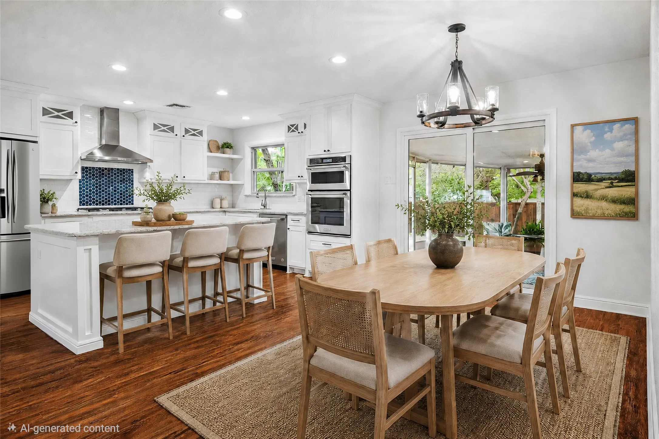 VIRTUALLY STAGED Spacious kitchen featuring an expansive island with seating, stainless steel appliances, white cabinetry, a blue mosaic tile backsplash, and wood-finish flooring