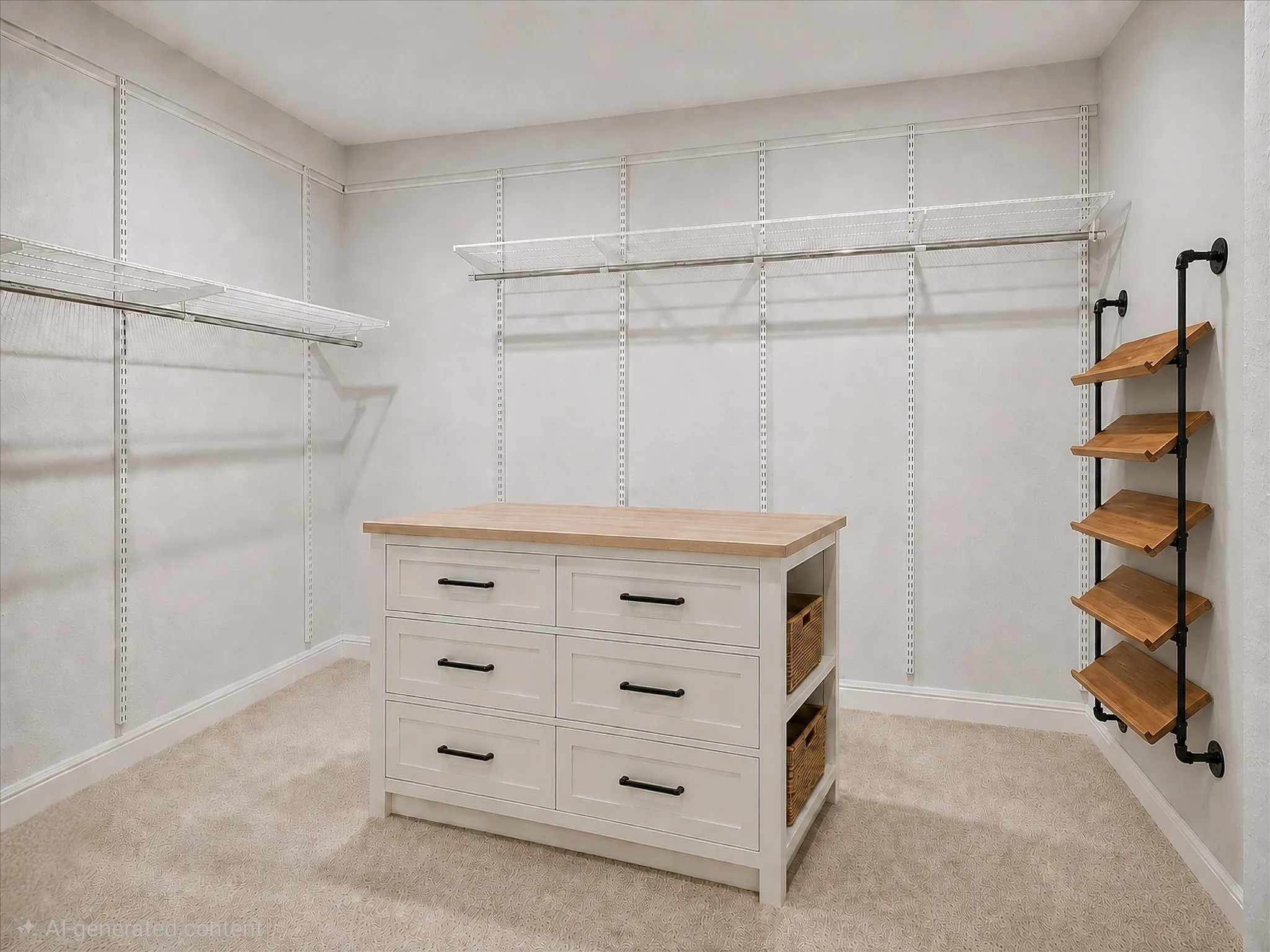 Spacious walk-in closet featuring a central dresser island with six drawers, adjustable wire shelving, and a wall-mounted shelving unit with wood-finish shelves