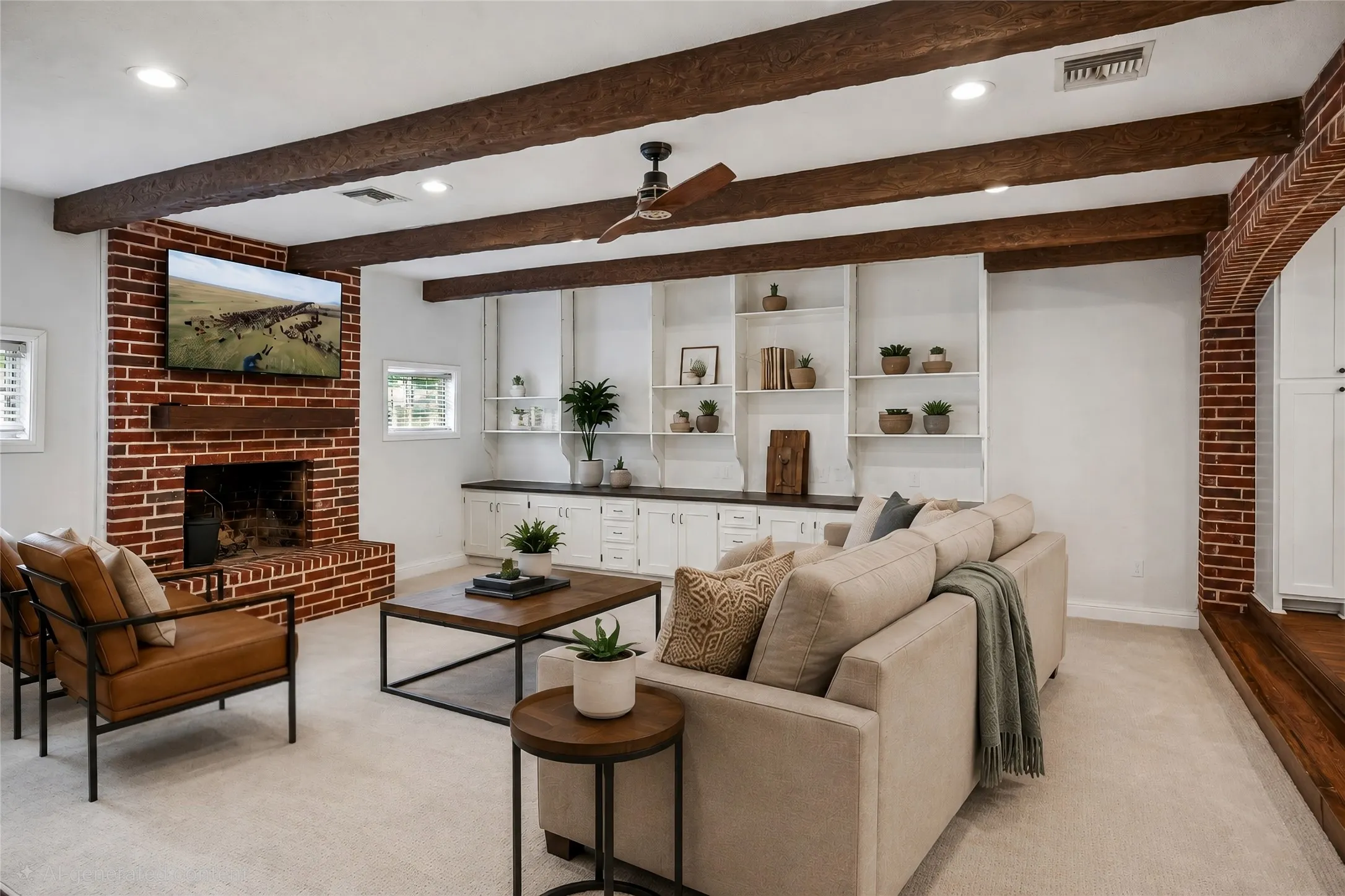 VIRTUAL STAGING -Living area featuring exposed wood ceiling beams and recessed lighting