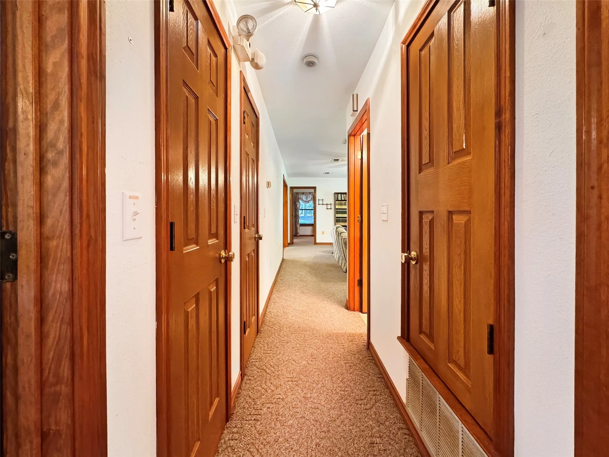 Hallway with textured carpeting, white walls, and multiple paneled wood doors
