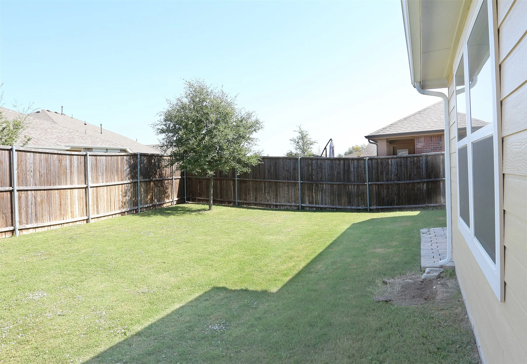 Expansive backyard featuring a manicured lawn, a mature tree, and privacy fencing
