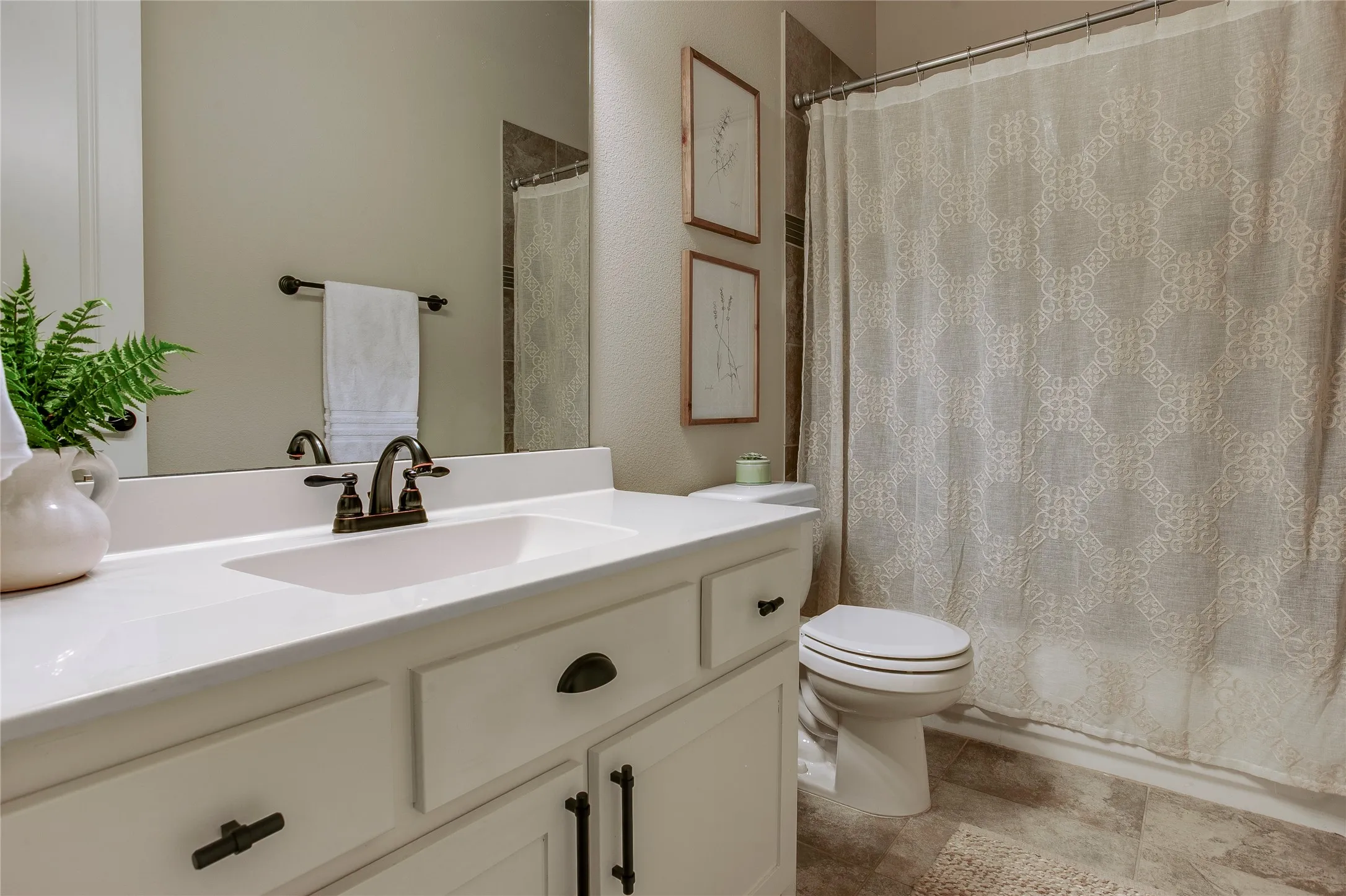 Full bath on main level near office.