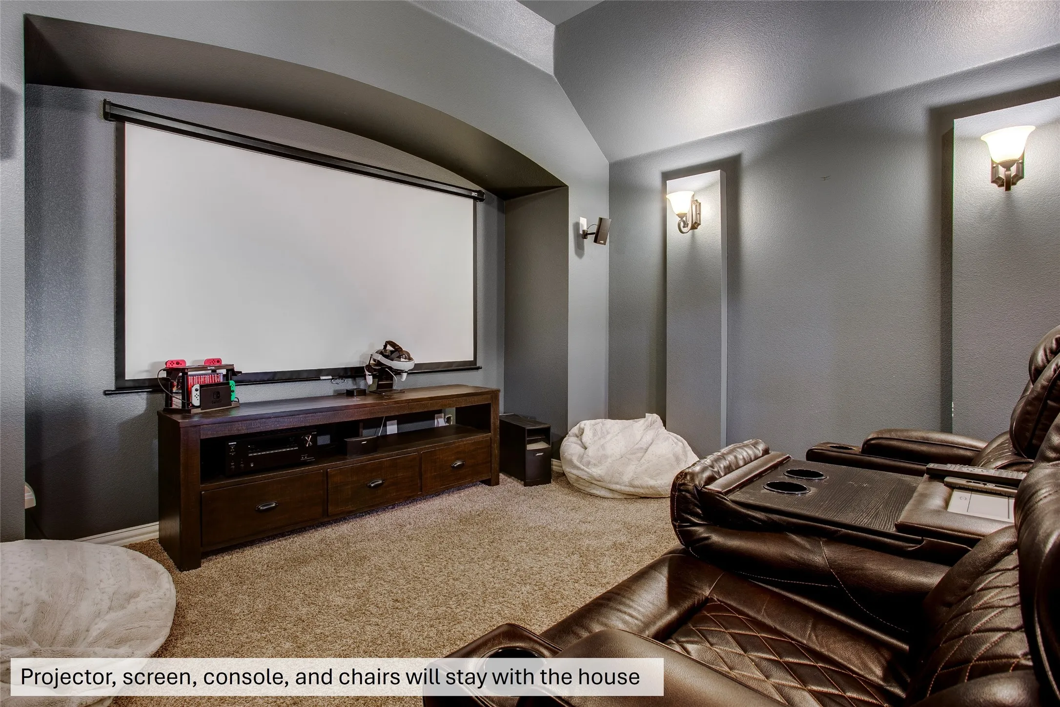 Projector, screen, console, and chairs will stay with the house.
