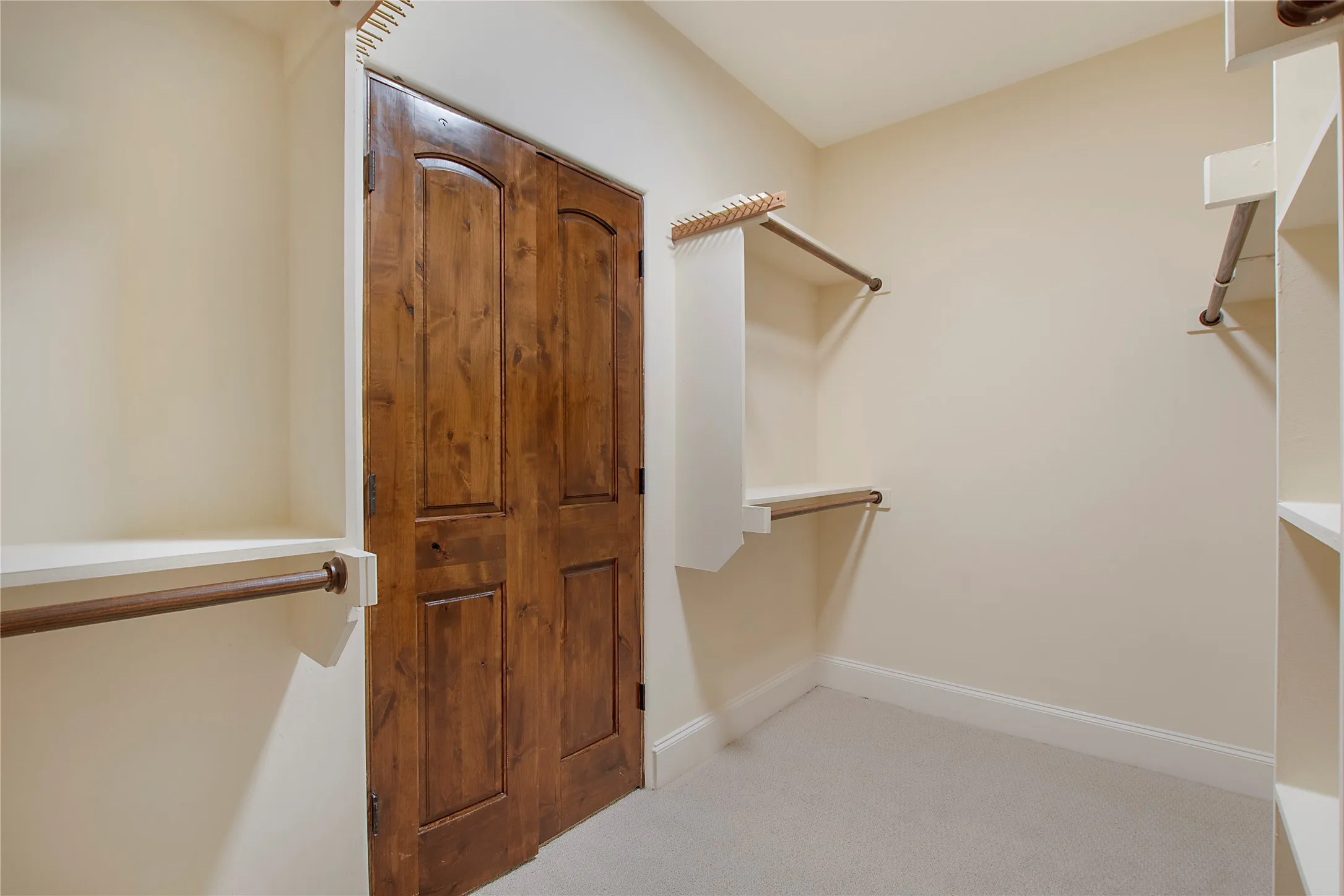 Spacious closet featuring light colored carpet