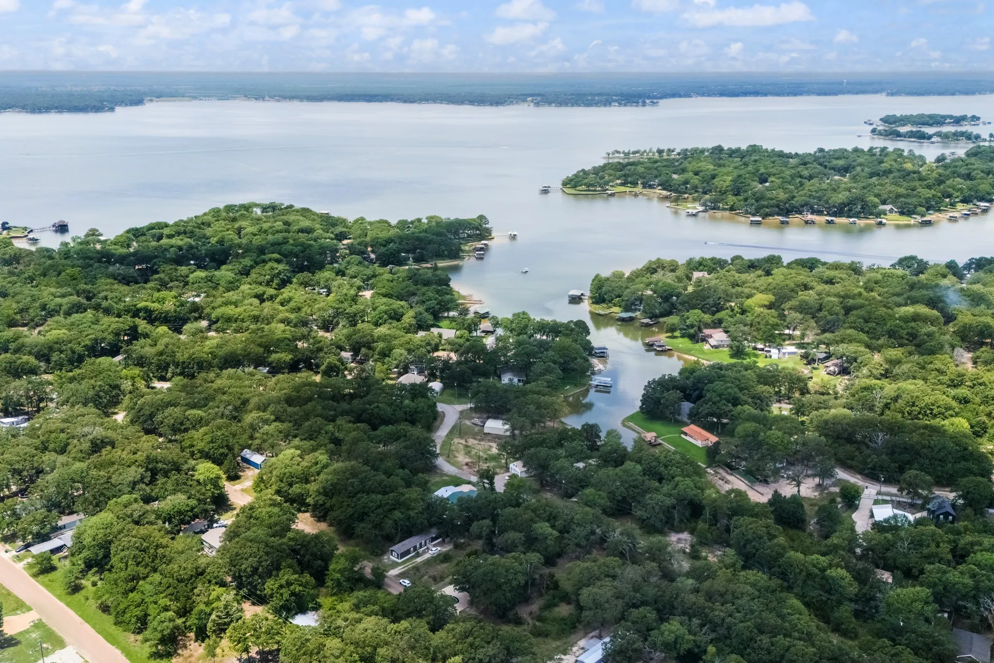 Expansive water body surrounded by lush green tree canopy