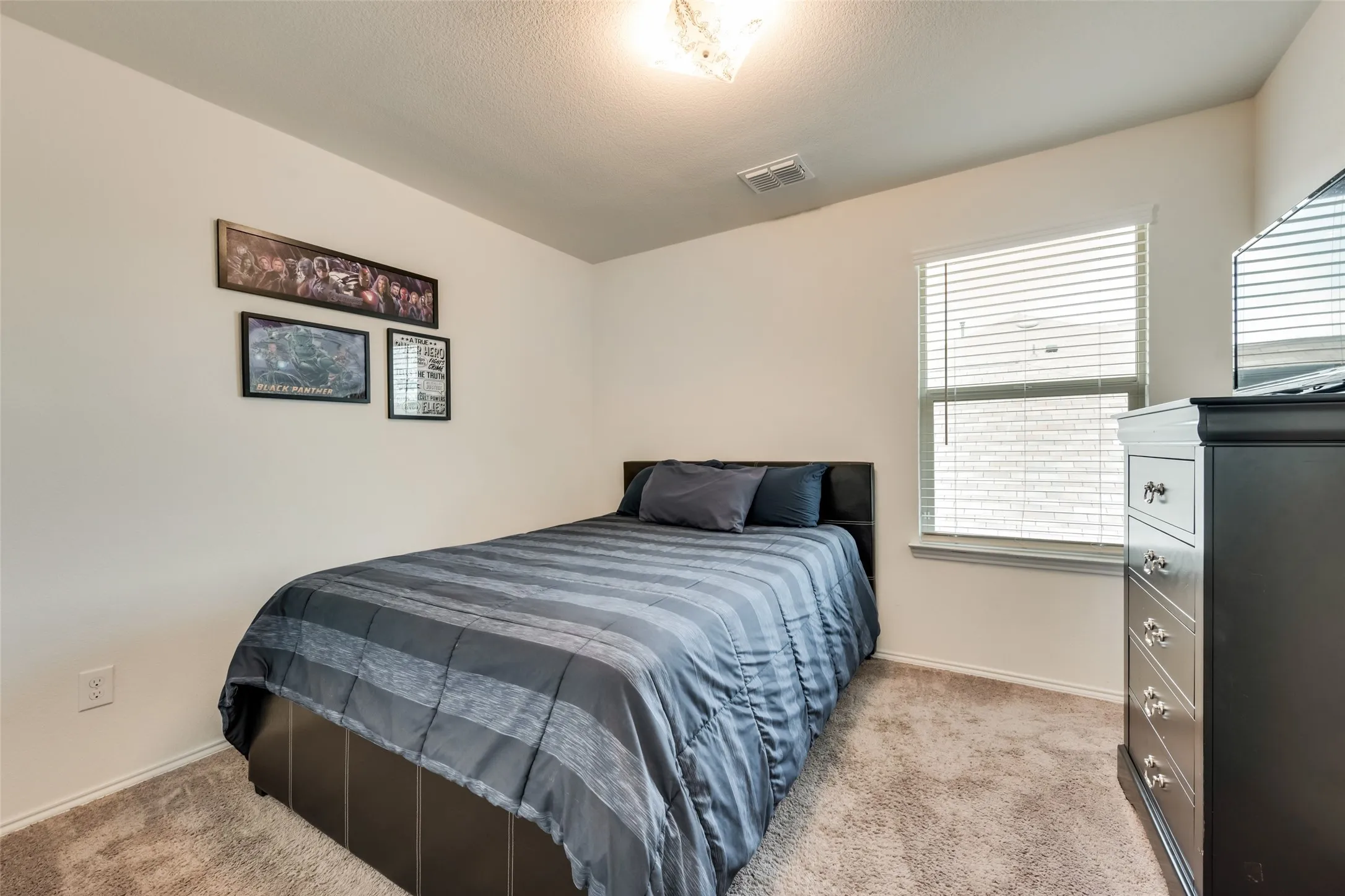 Carpeted room with a single window featuring blinds, a ceiling-mounted light fixture, and light-toned walls