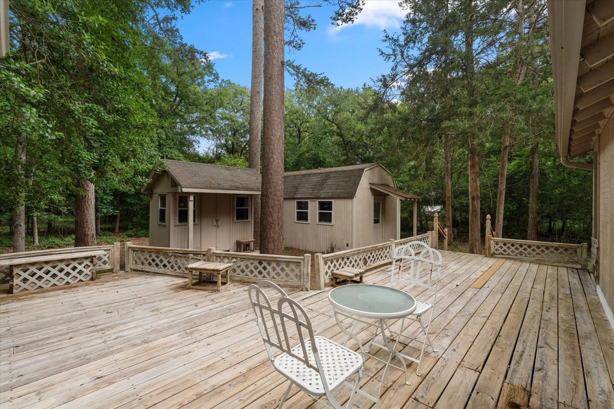 Expansive wood deck with lattice railing, featuring mature trees and a detached shed with a gabled roof and covered porch
