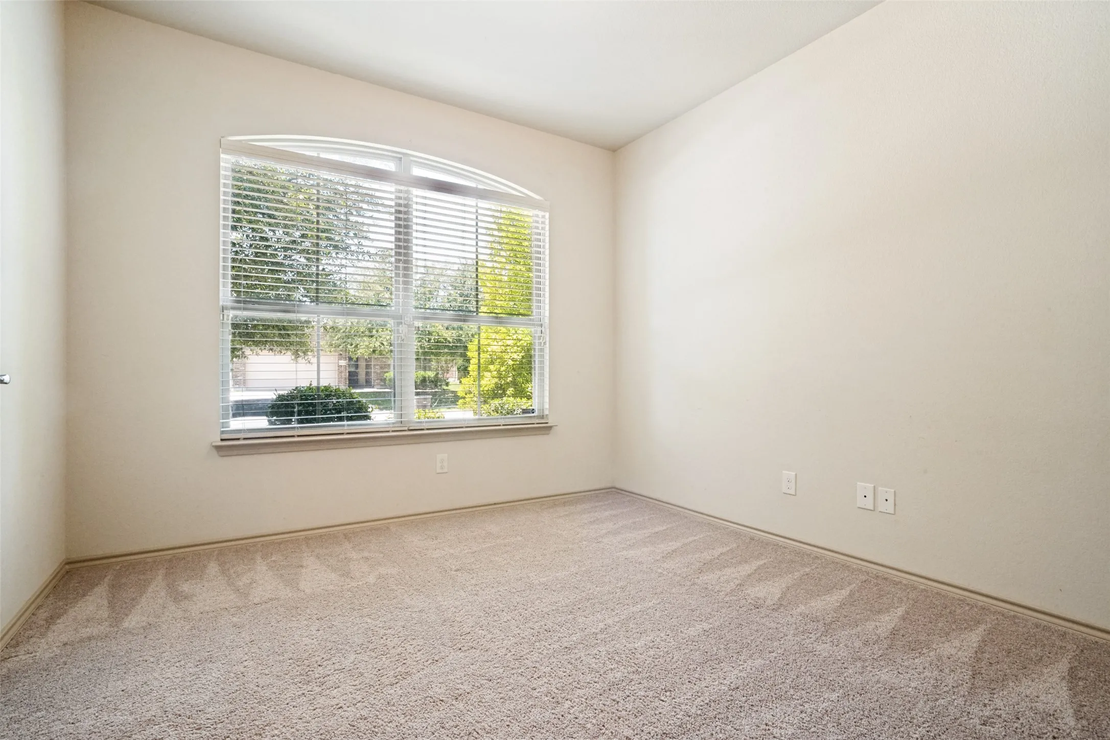 Arched window with horizontal blinds and neutral-toned walls