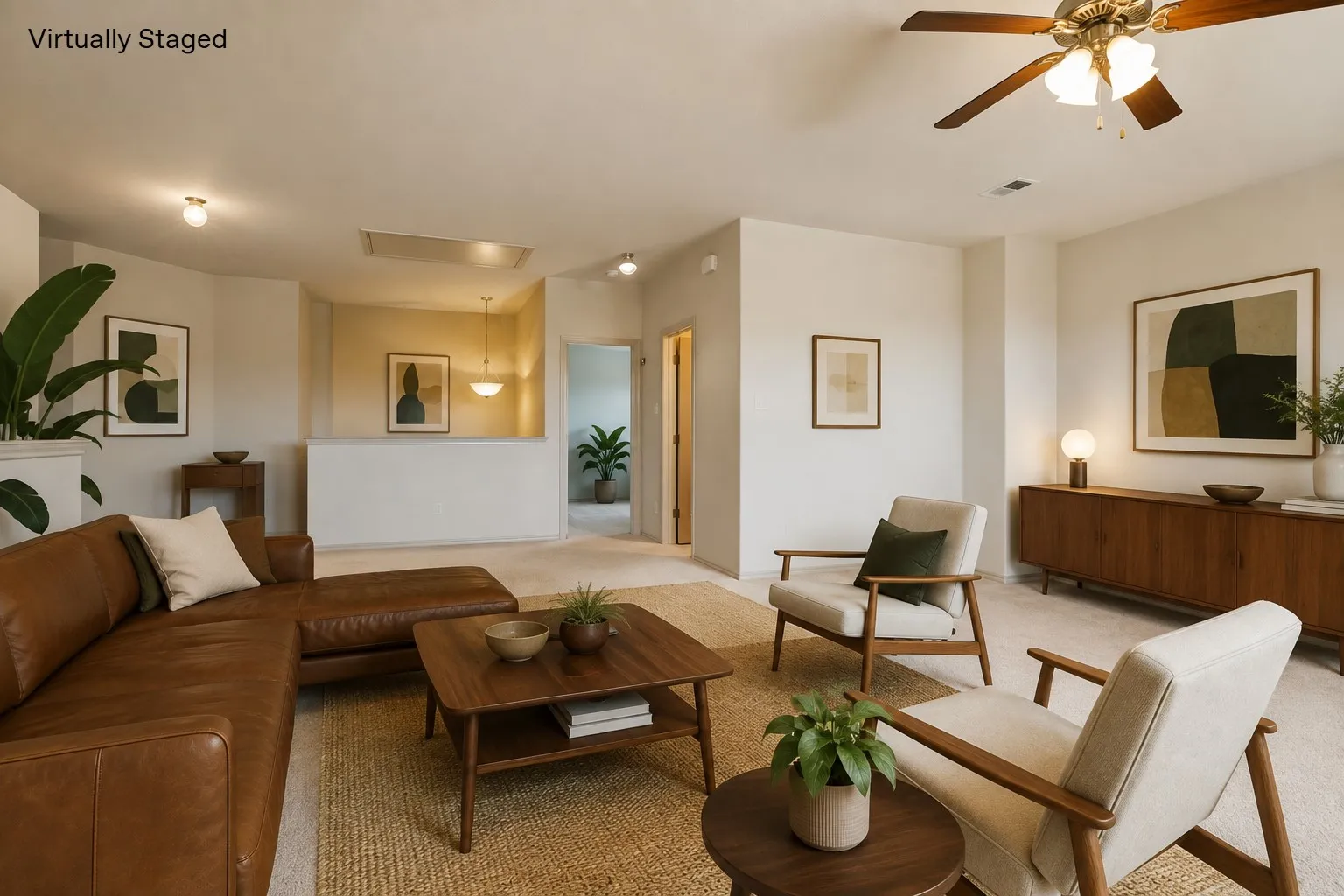 Virtually stagedRecessed lighting, ceiling fan, and carpeted flooring in an open-concept living space
