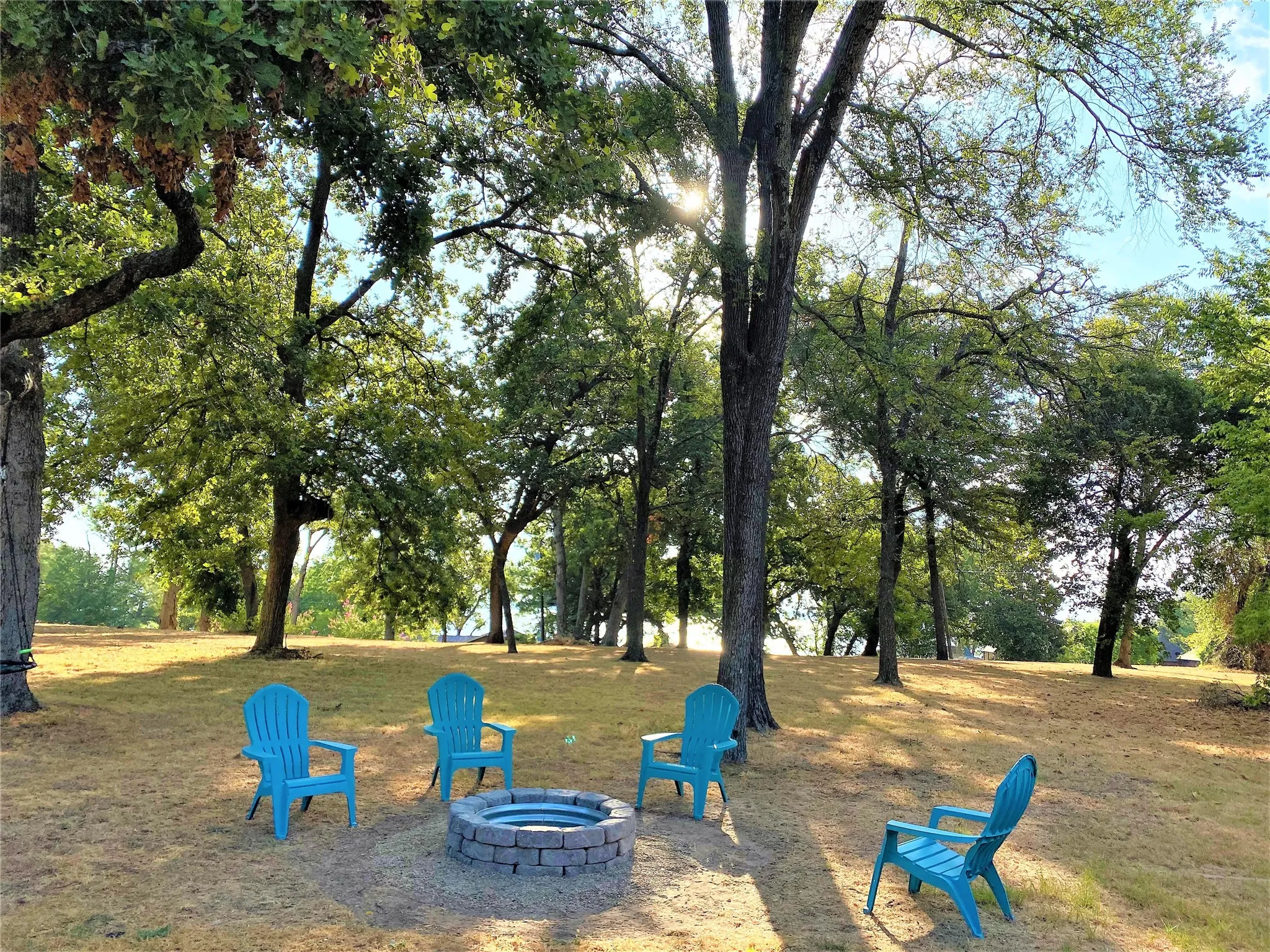 backyard fire pit surrounded by large trees