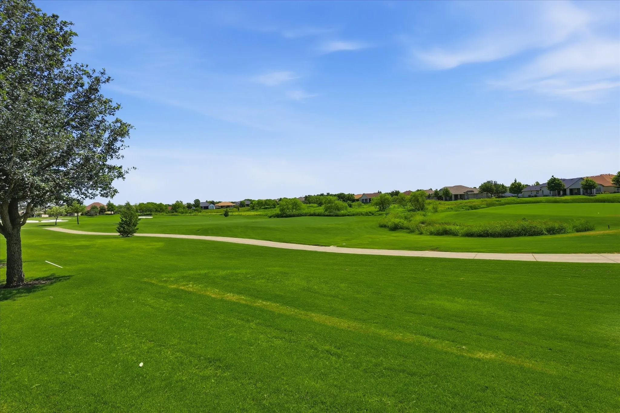 Expansive green landscape with a winding paved path
