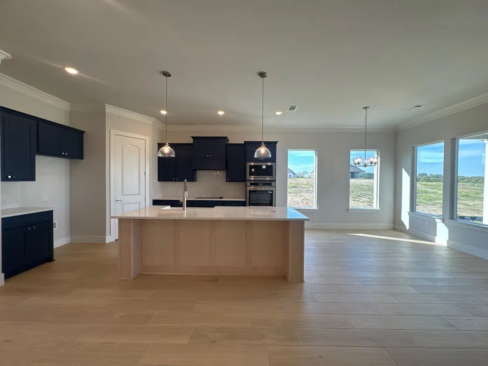 Open-concept living area with plank-style flooring, a central kitchen island with seating, dark-toned cabinetry, built-in stainless steel appliances, and abundant natural light from multiple windows