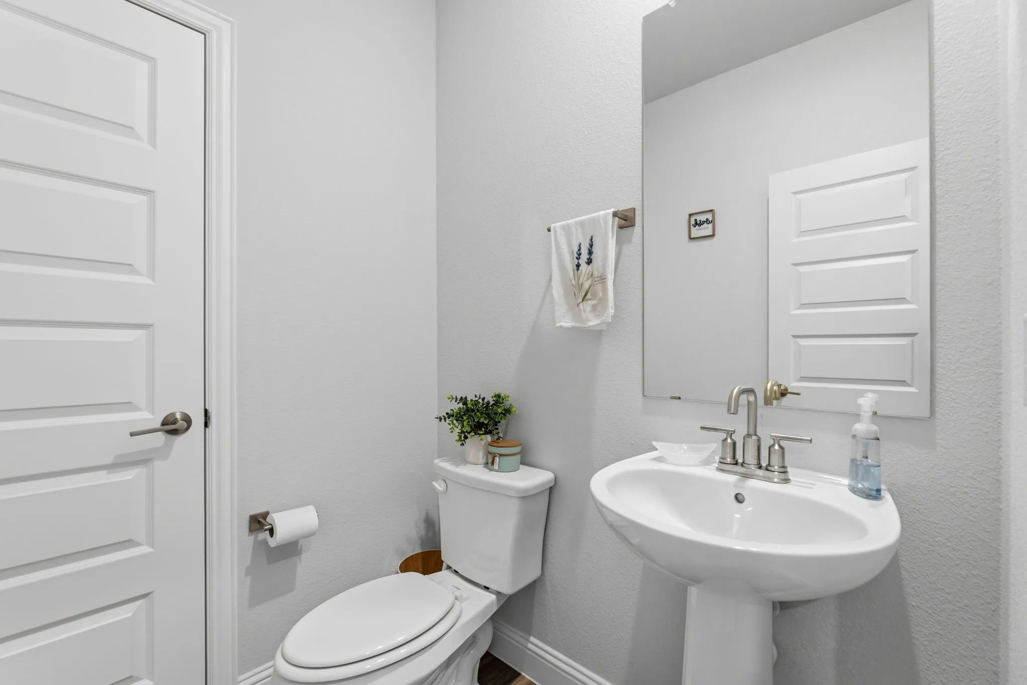 Pedestal sink with chrome-finish faucet, rectangular mirror, and light gray wall paint