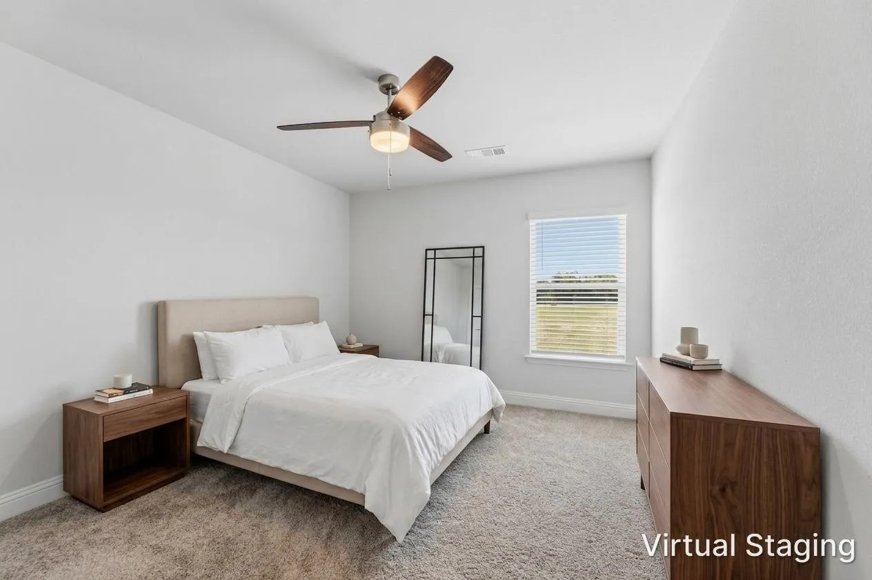 Carpeted room with a ceiling fan, white walls, and a window with horizontal blinds