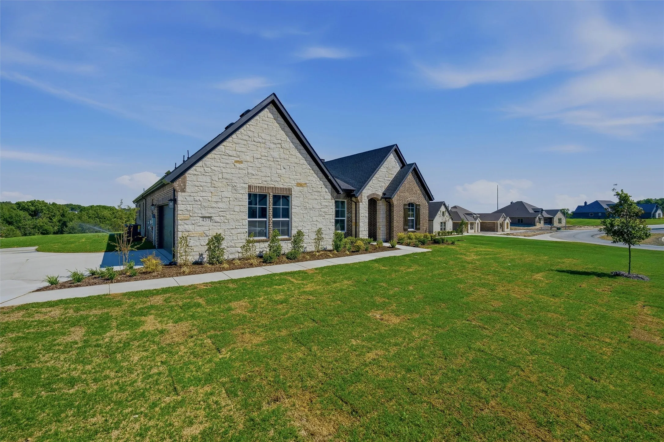Stone and brick exterior with dark shingle roofing, concrete driveway, and established landscaping