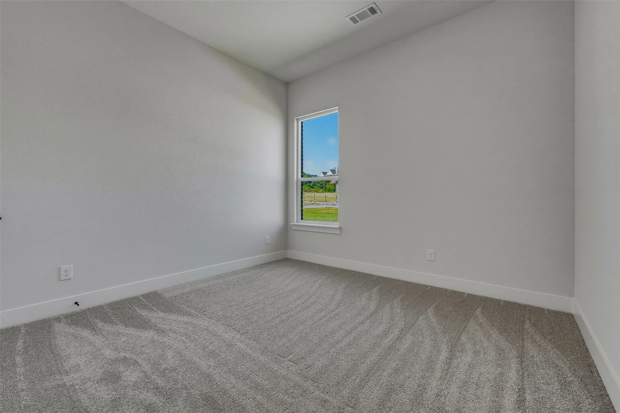 Light gray wall finishes, white trim, and gray patterned carpeting