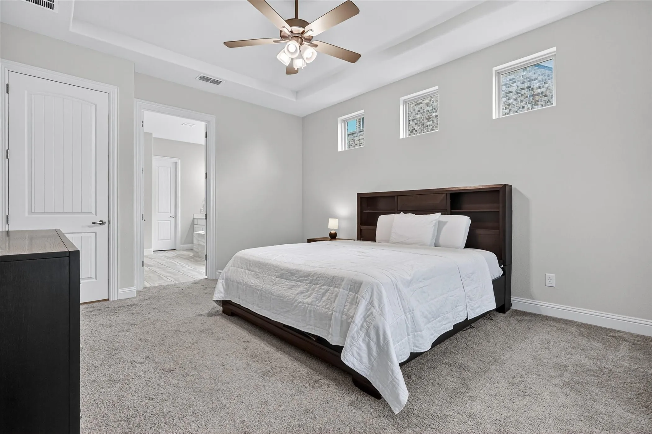 Spacious room featuring light gray walls, plush carpet flooring, a tray ceiling with a ceiling fan, and three high-set rectangular windows