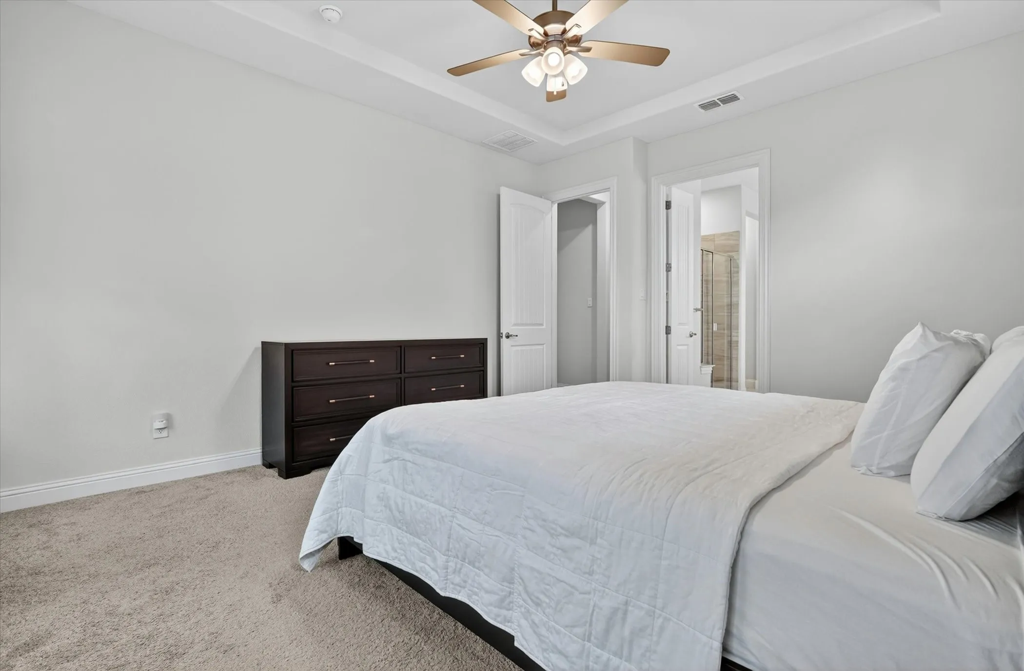 Plush carpeting in a neutral tone, tray ceiling, and a ceiling fan with integrated lighting