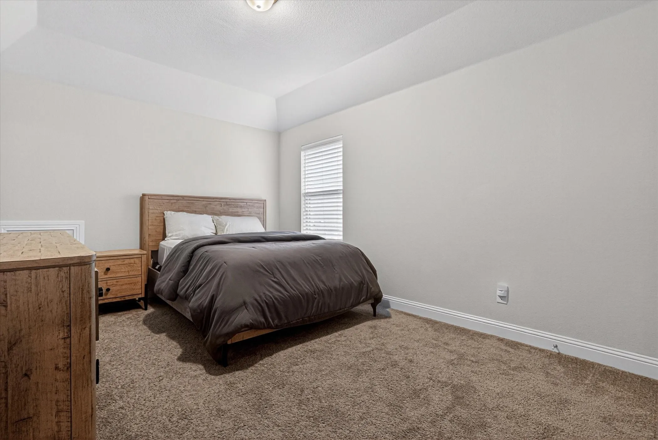 Bedroom featuring tray ceiling, light-toned walls, and carpet flooring
