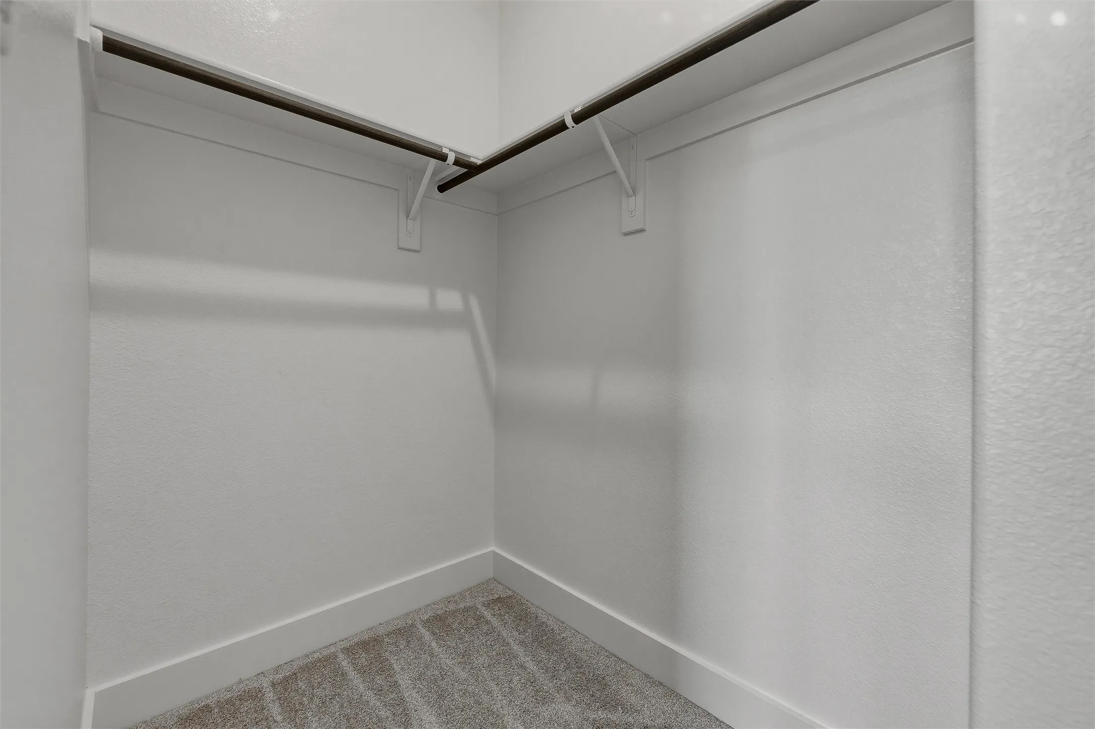 Walk-in closet featuring an integrated hanging rod system, white walls, and carpet flooring