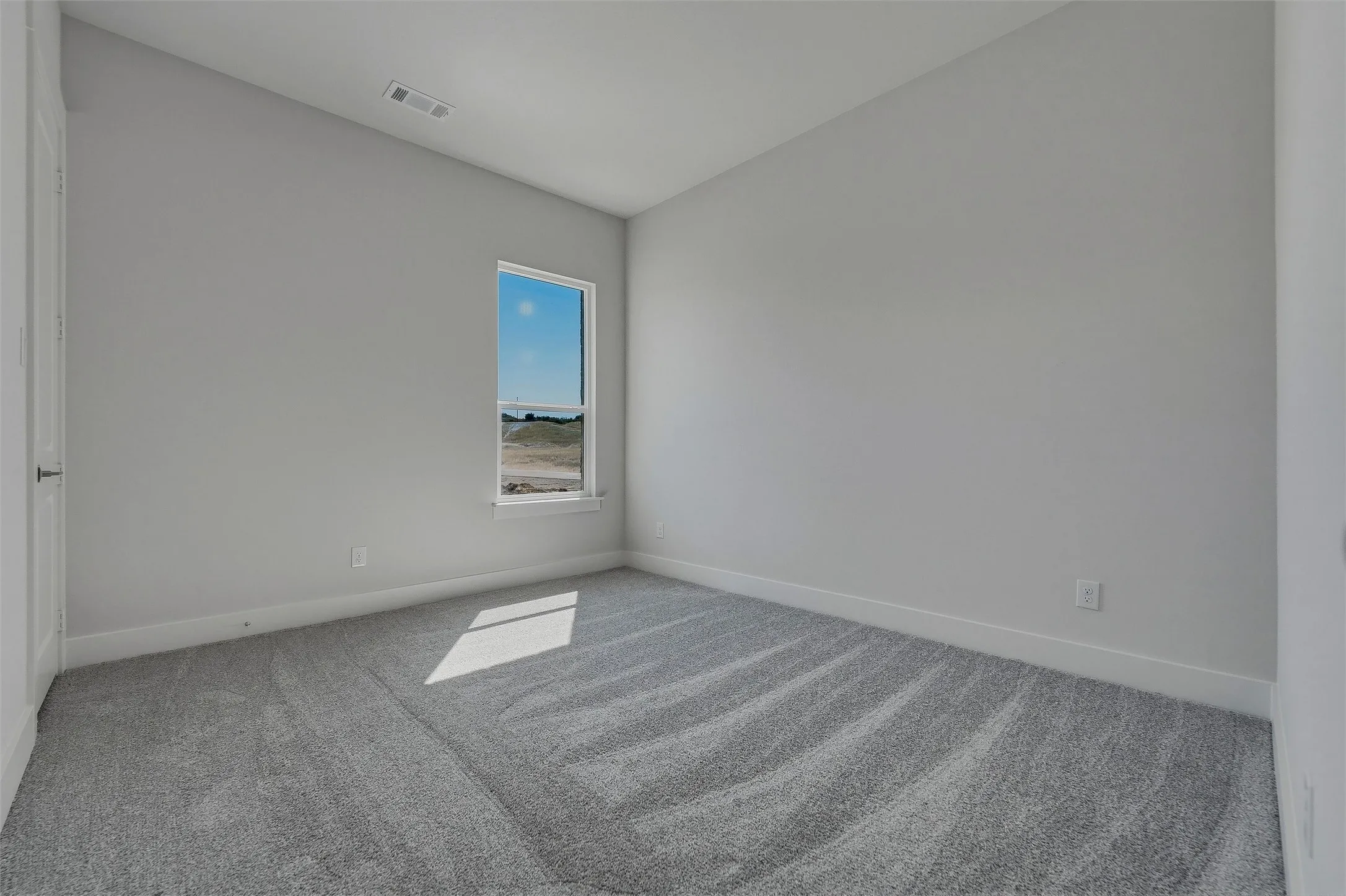 Neutral gray wall paint, gray patterned carpet, single-pane window, and a white door with a metal handle