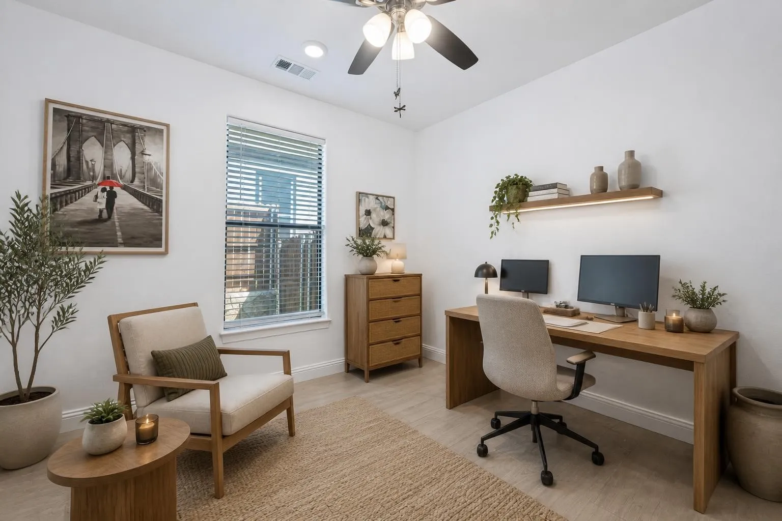 Bedroom virtually staged as an office